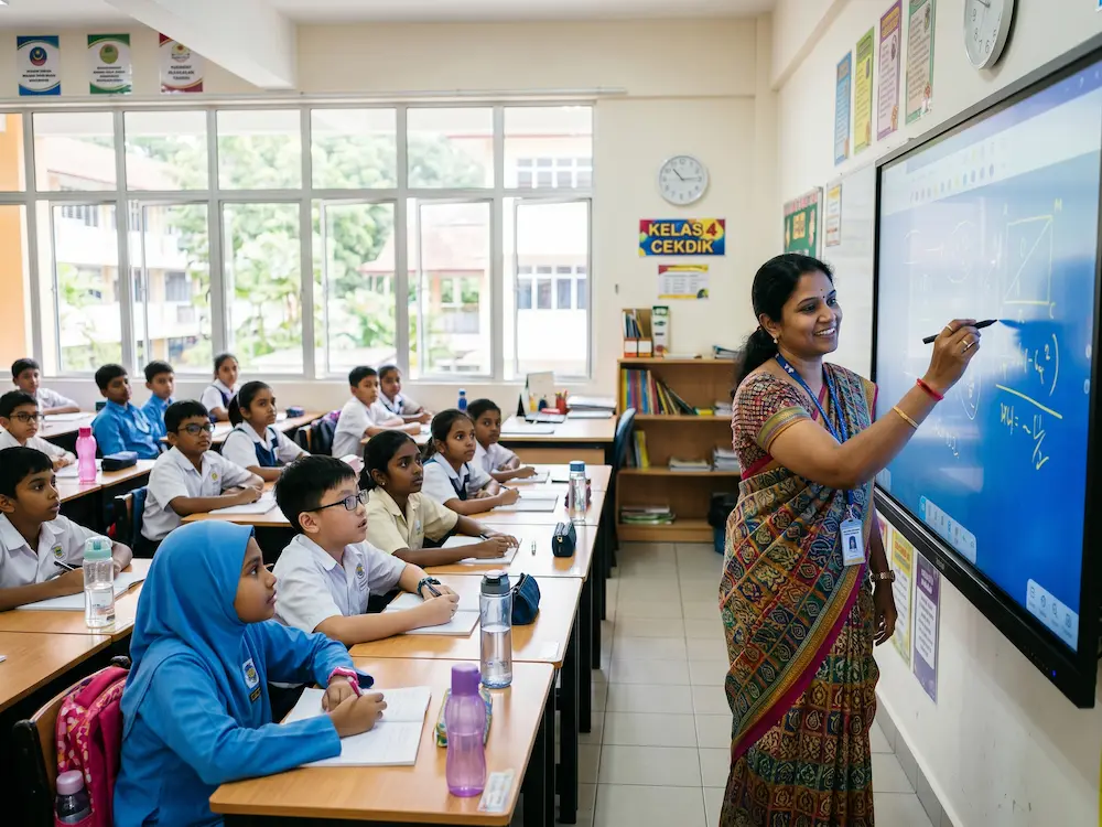 Teacher using an Arvia smartboard in a Malaysian classroom, a specialised type of touchscreen