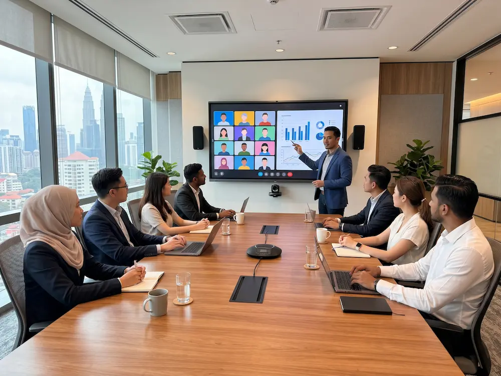 Business team using a smartboard for a hybrid meeting in Malaysia