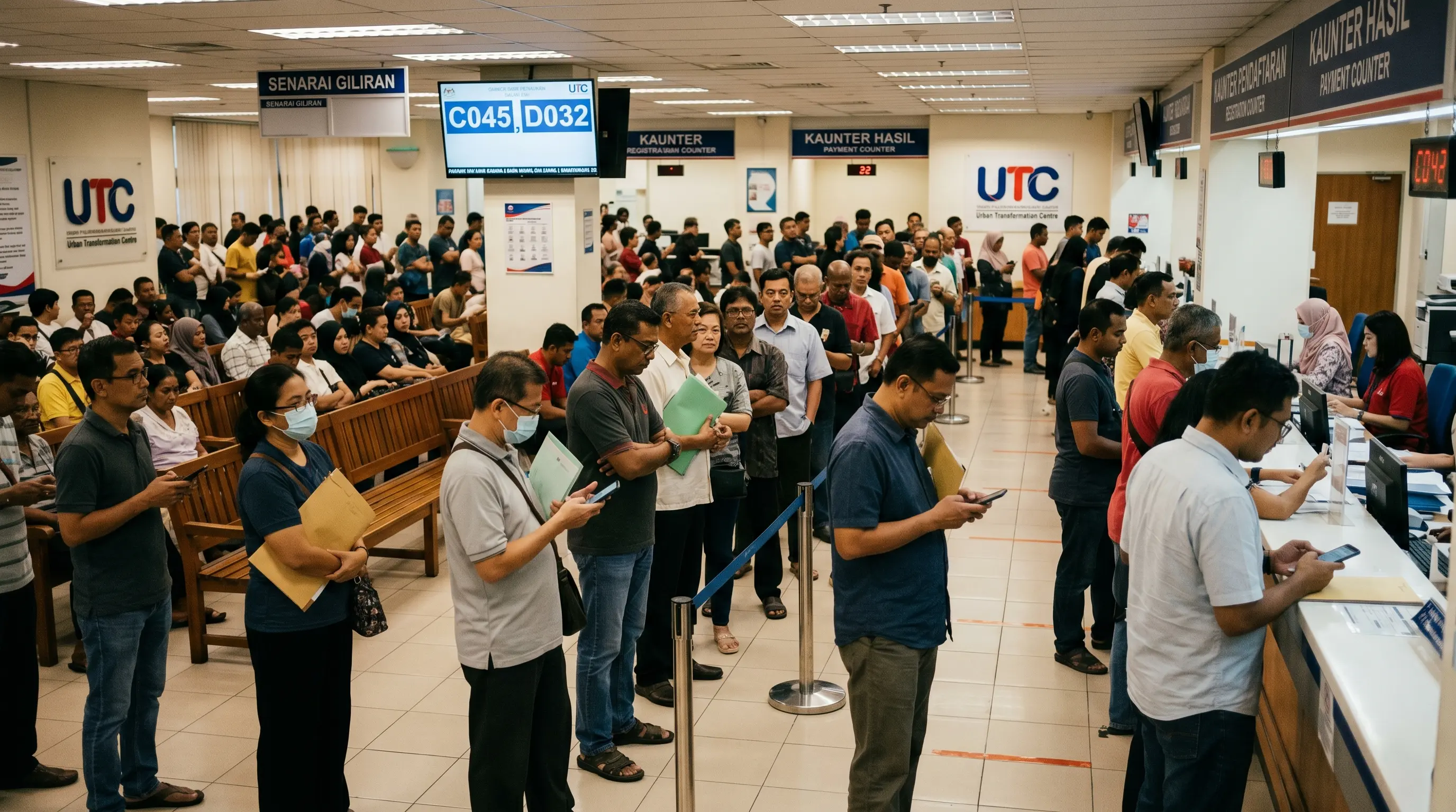 Long queue of people waiting at a busy service counter in Malaysia