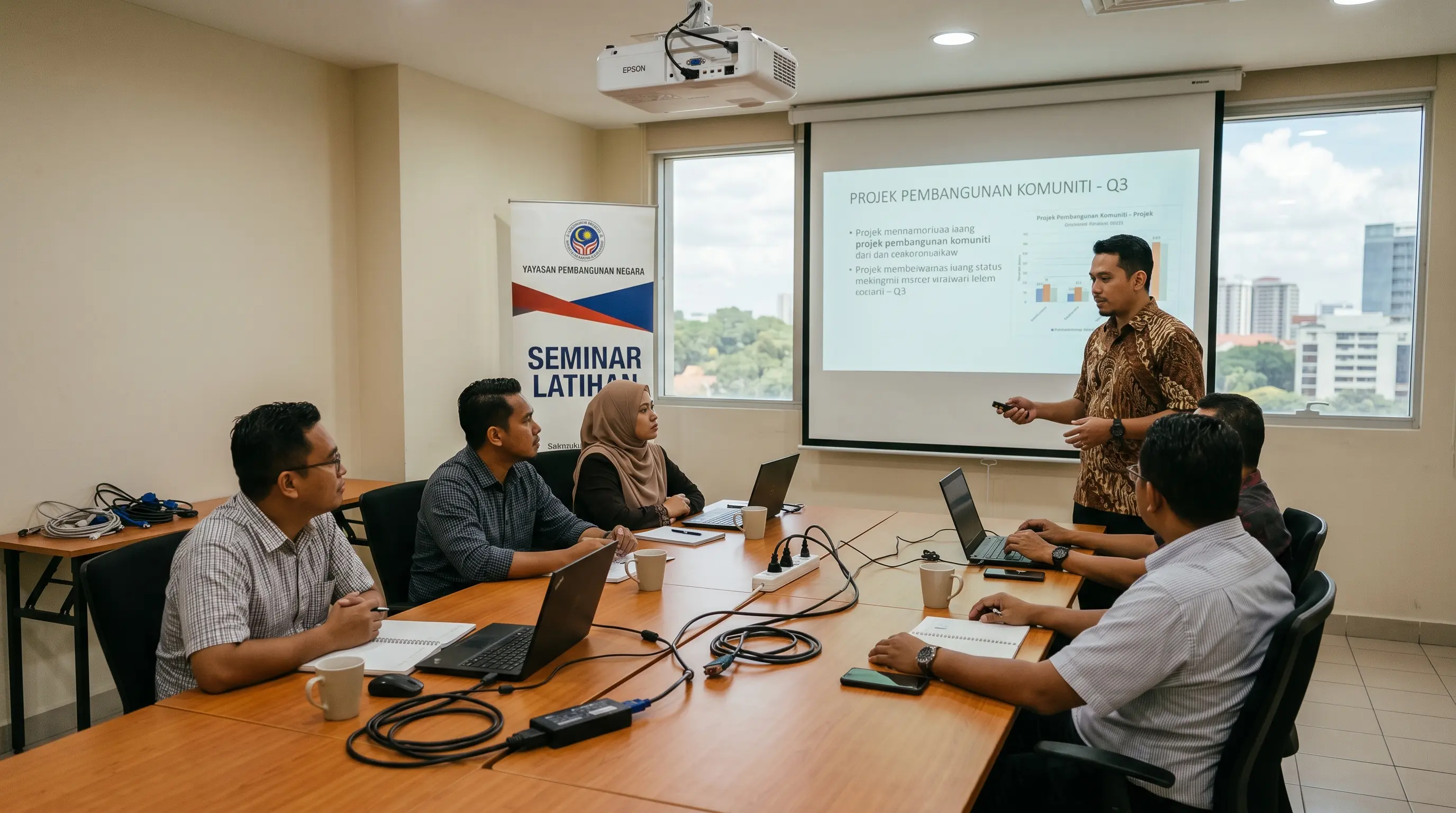 Frustrated professional dealing with tangled cables and an old projector in a Malaysian meeting room
