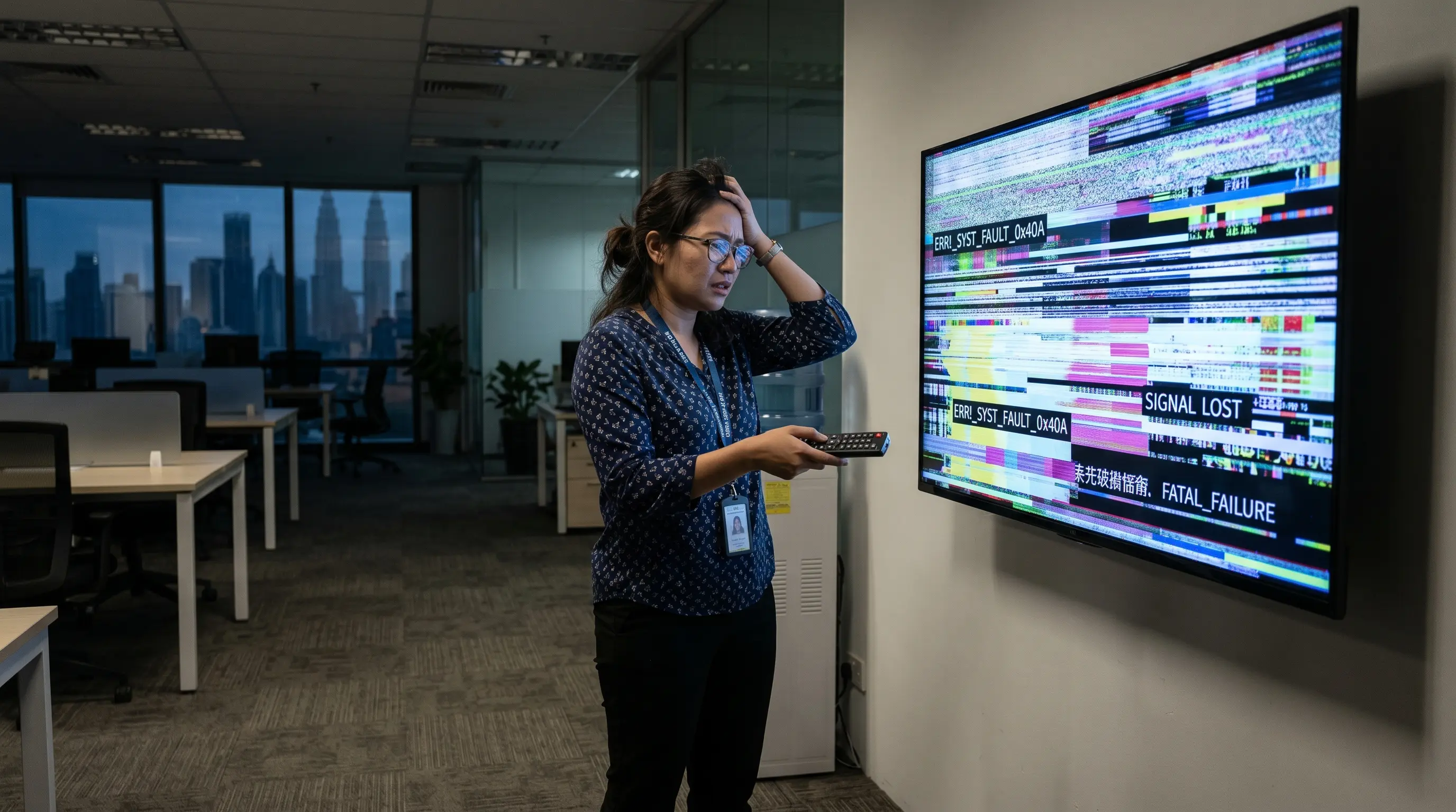 Office worker looking concerned at a malfunctioning wall-mounted display with no support in Malaysia