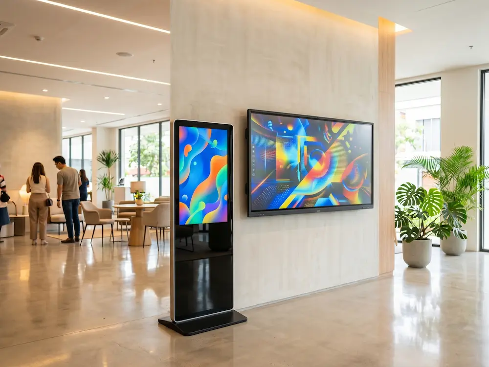 Arvia general touchscreen kiosk and smartboard side by side showing different touchscreen solution types in Malaysia