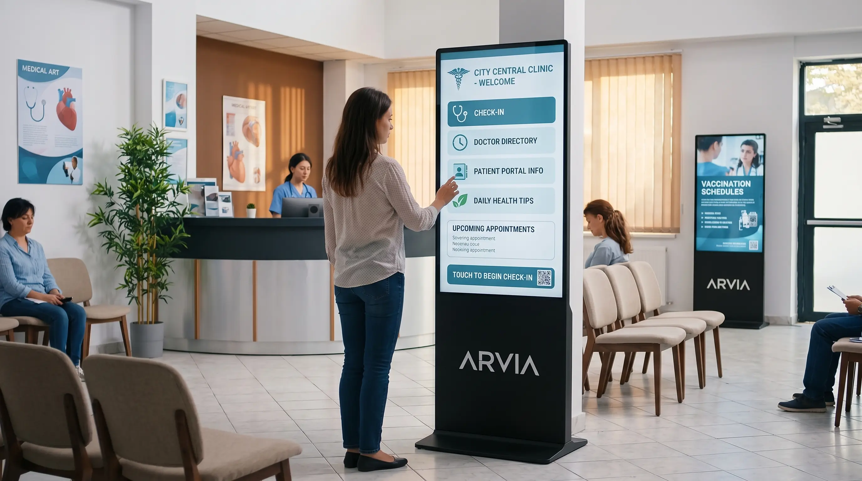 Arvia self check-in touchscreen kiosk in a Malaysian clinic reception