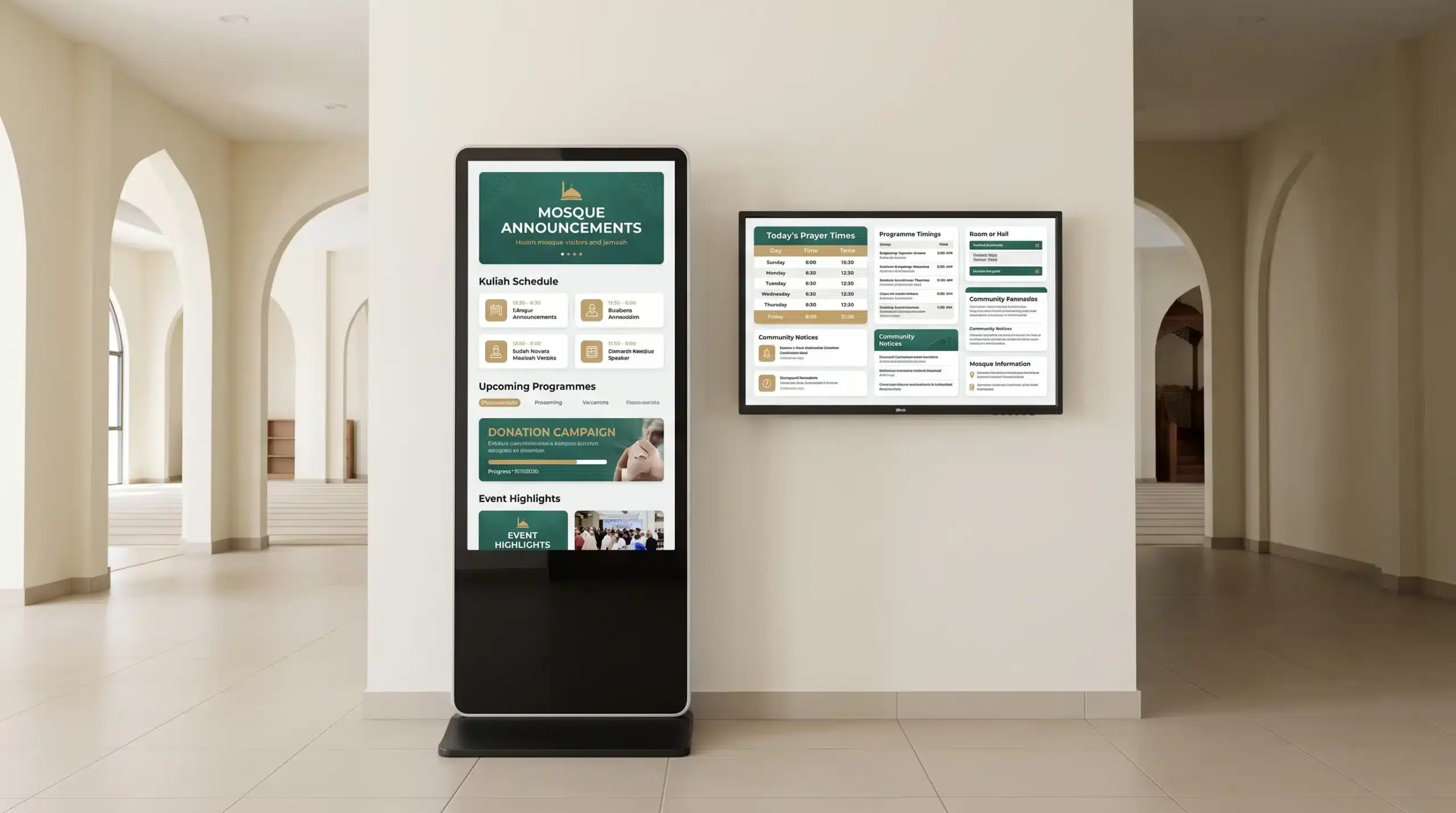 ARVIA digital signage standee and wall-mounted monitor display showing masjid information in a modern Malaysian masjid foyer