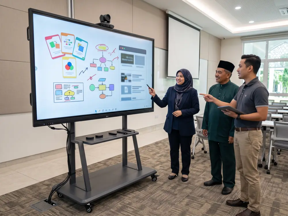Konfigurasi smartboard masjid dengan stand kamera dan aksesori mengikut keperluan