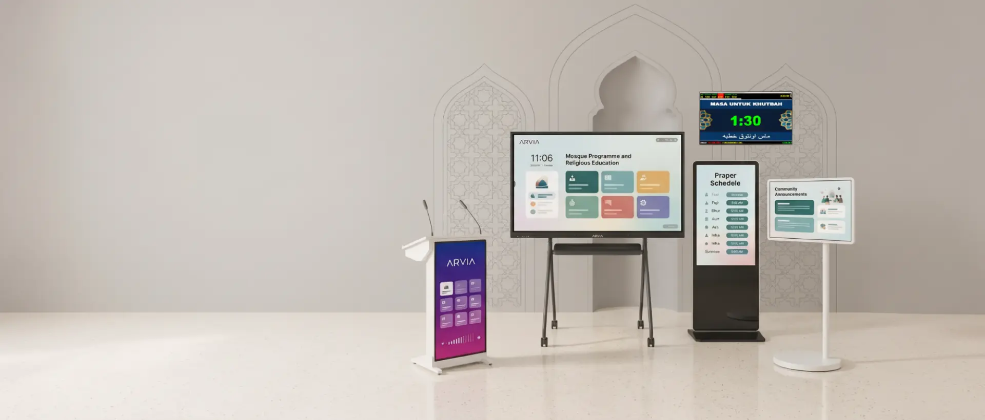 ARVIA Masjid Digital Transformation solutions including Smartboard, Smart Podium, Digital Signage and monitor displays in Malaysia