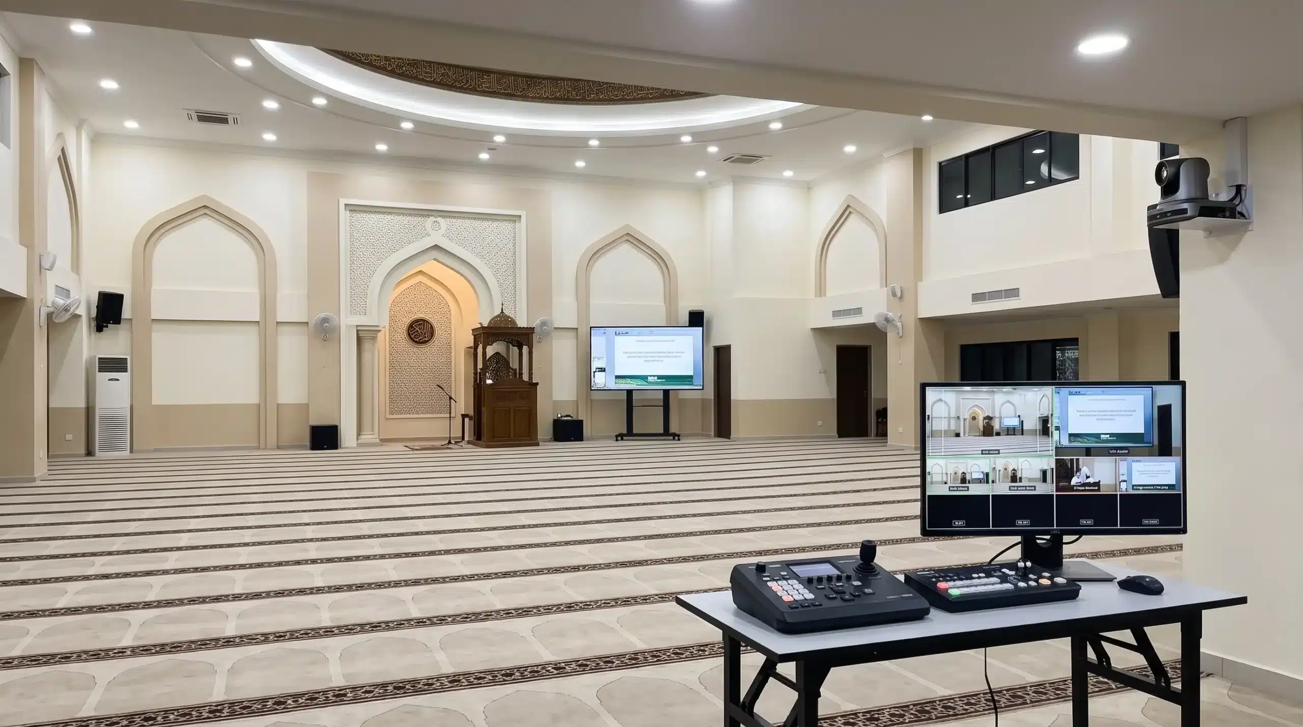 ARVIA masjid event production system with PTZ cameras, controller, video switcher and large display for major masjid programmes