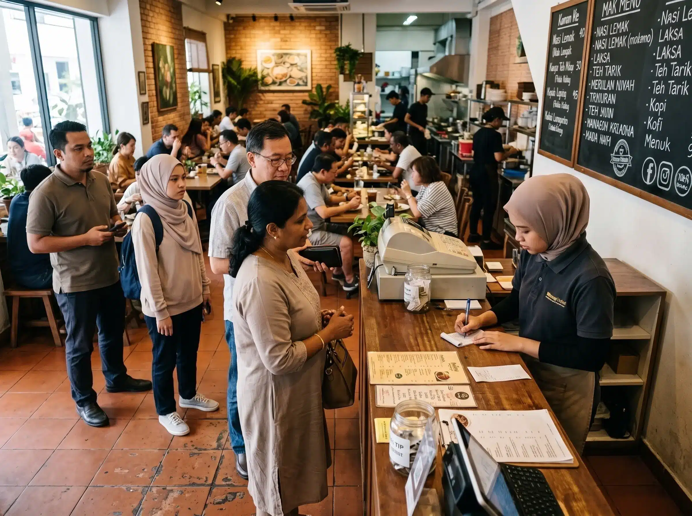 Customers queuing at a Malaysian restaurant while the cashier records orders manually