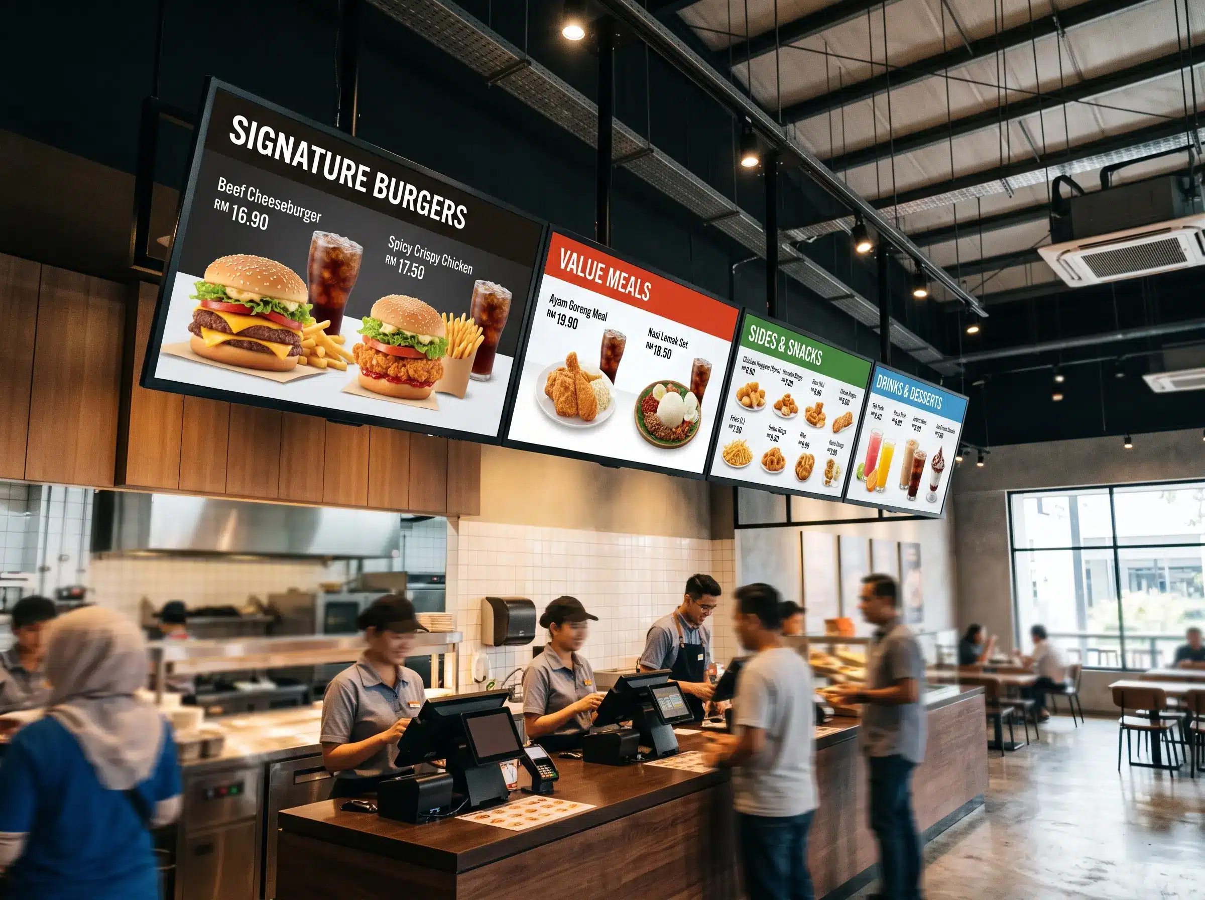 Arvia restaurant digital menu board displaying food and beverage promotions in Malaysia