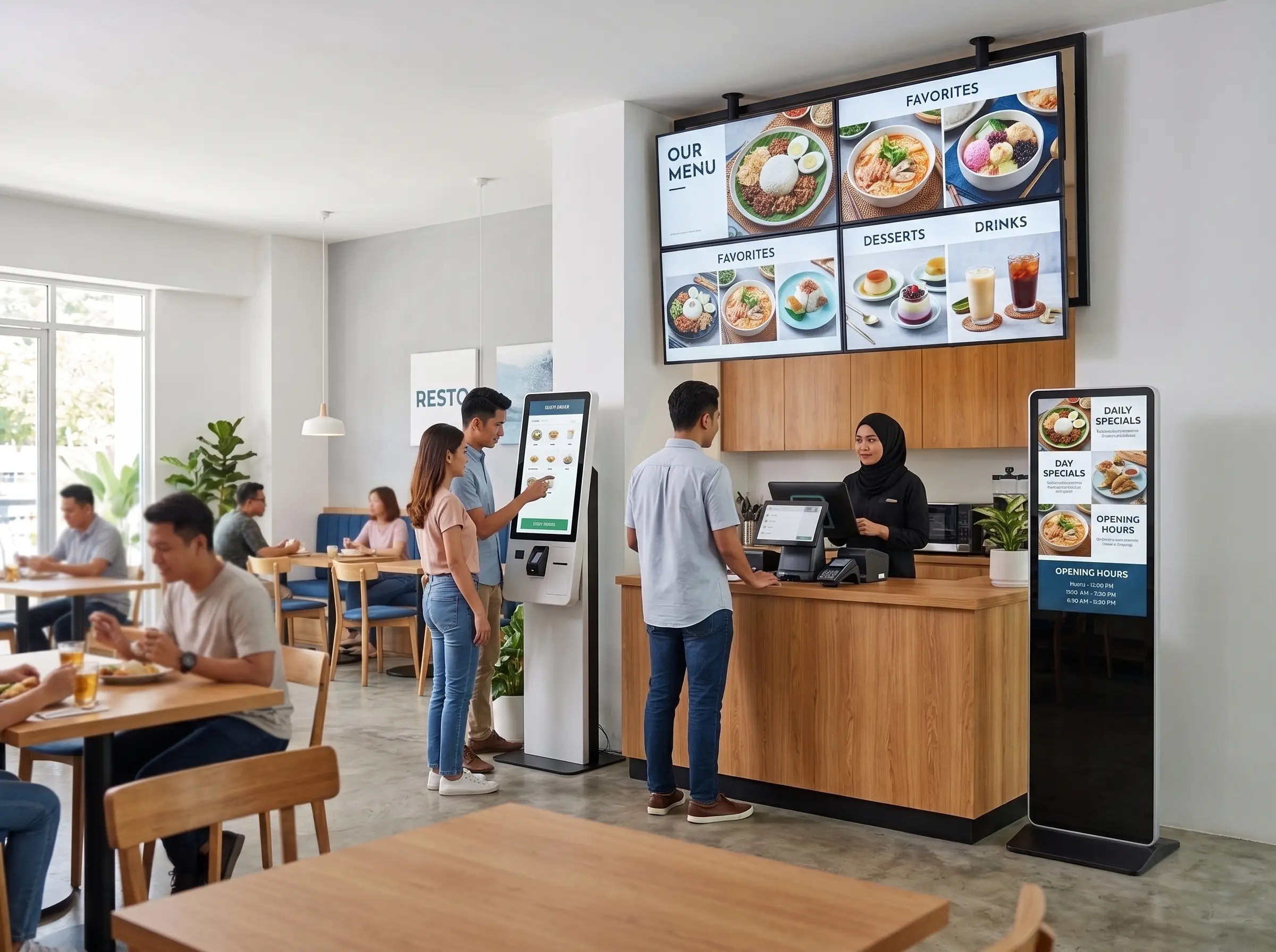 Arvia restaurant digital signage Malaysia solution with self-service kiosk and POS merchant terminal