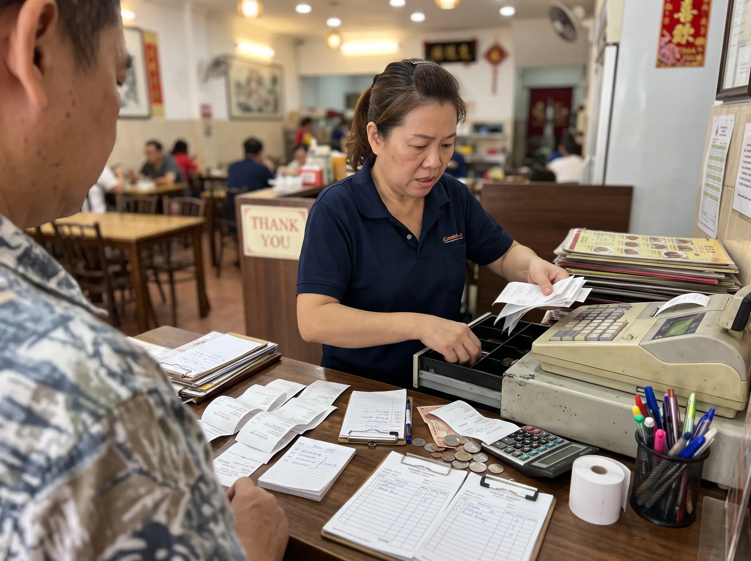 Overwhelmed restaurant cashier managing a disorganised payment counter in Malaysia