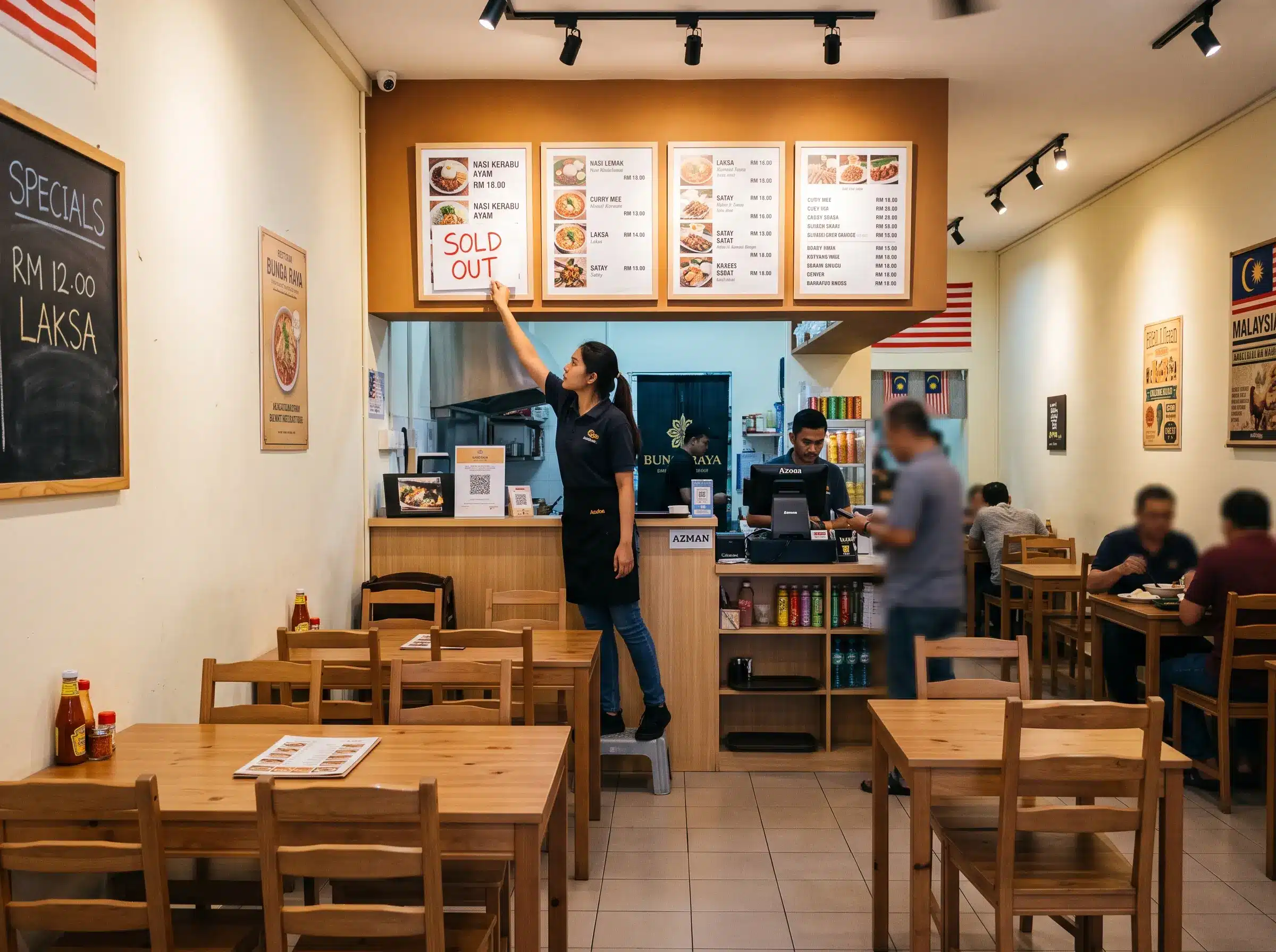 Restaurant staff manually covering a sold out item on a printed menu board in Malaysia