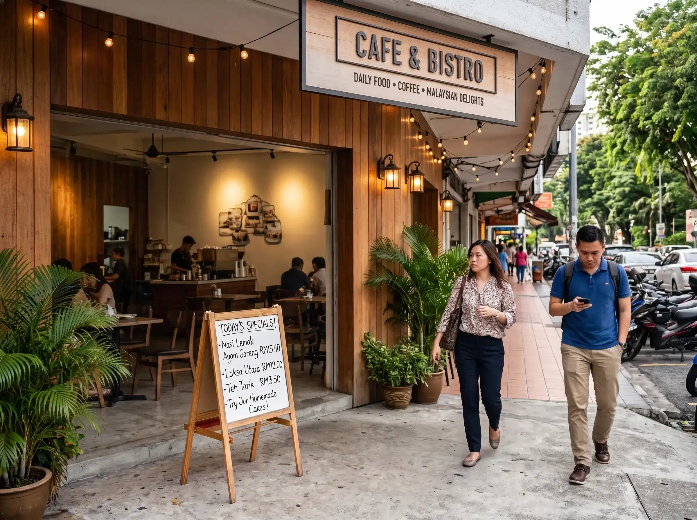 Small whiteboard promotion standee outside a Malaysian cafe that customers may easily miss