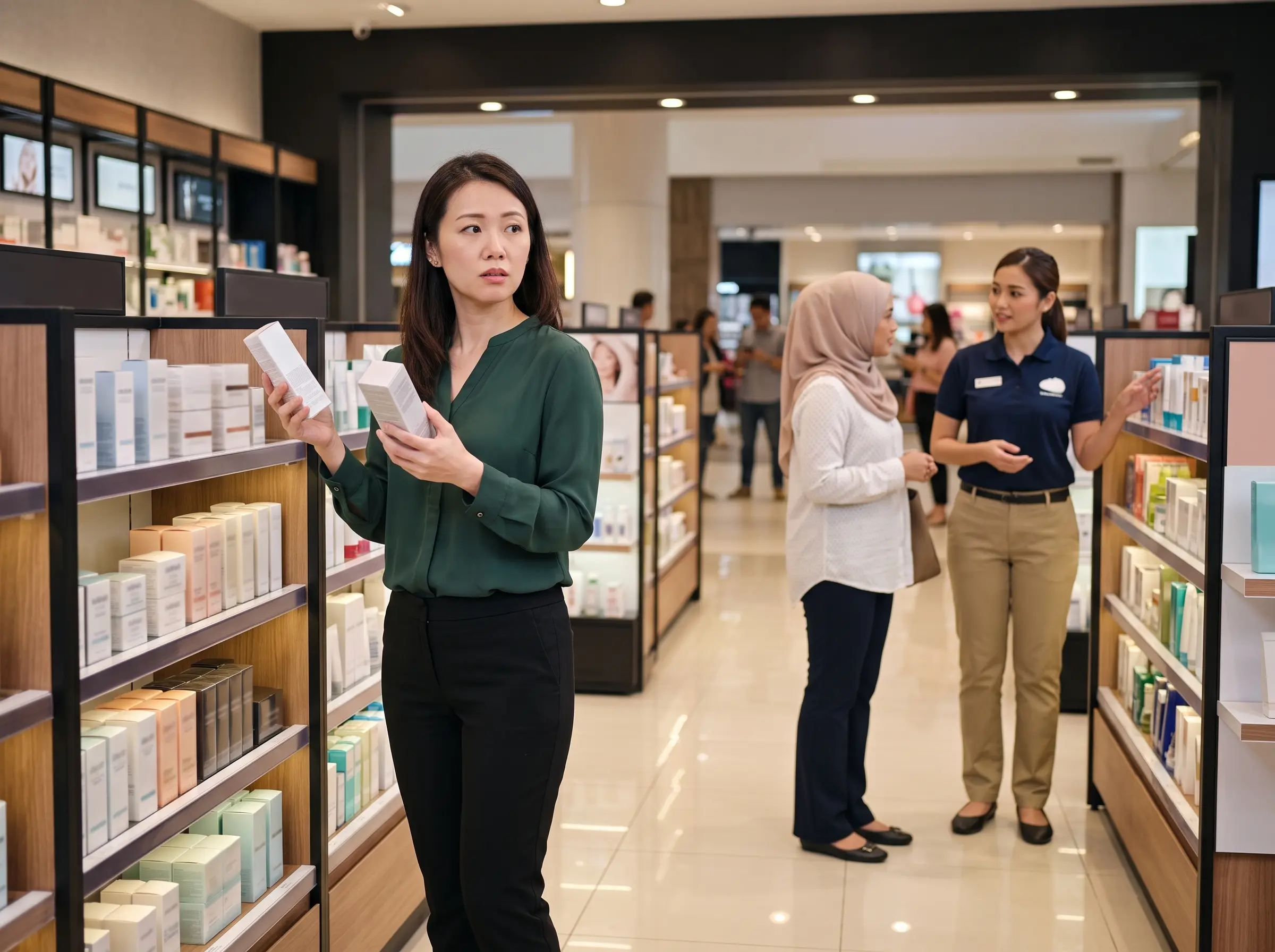 Retail customer waiting for staff assistance to obtain product information inside a Malaysian retail outlet