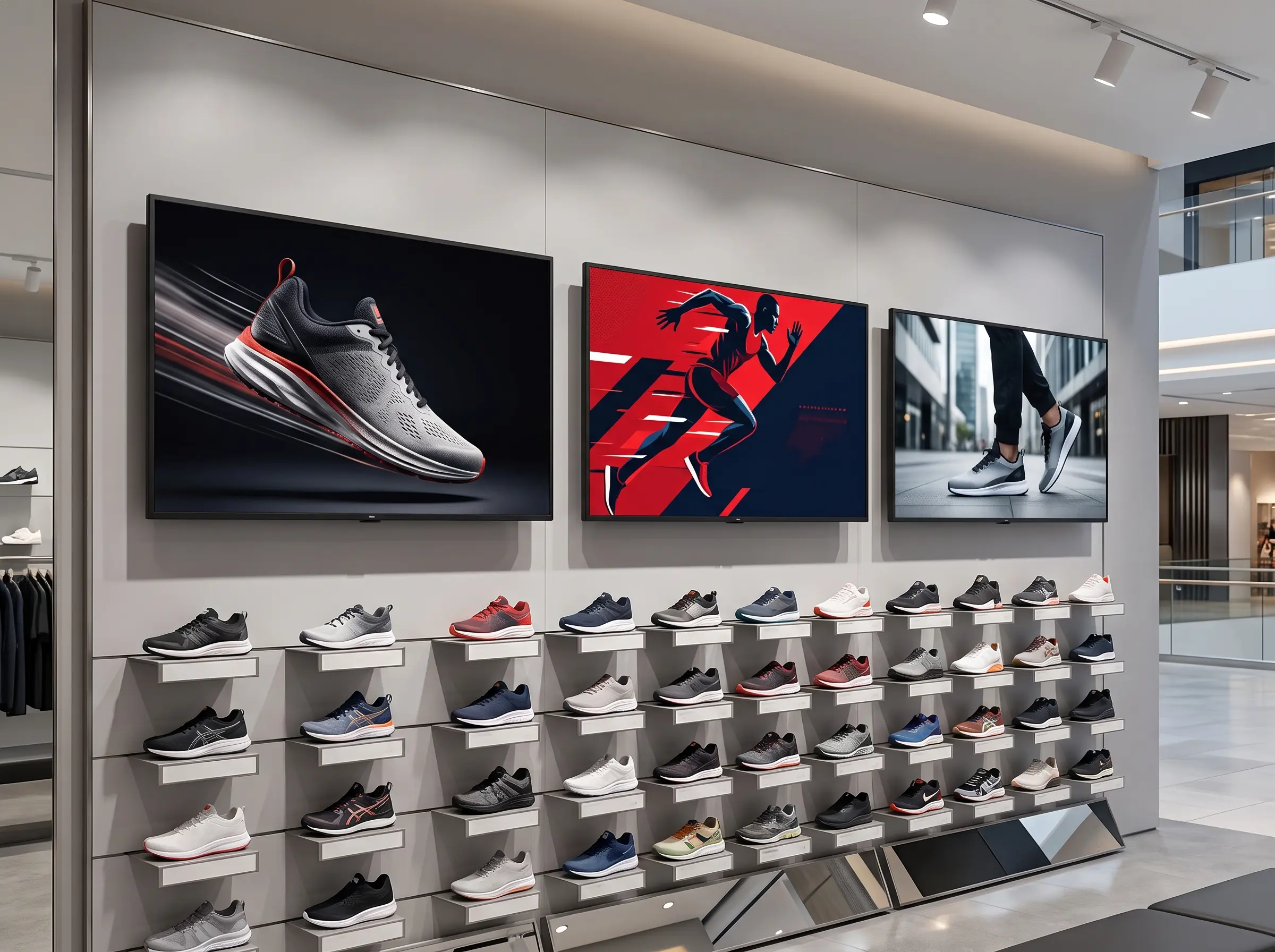Arvia retail digital signage screens displaying coordinated promotions above a modern product display wall in Malaysia