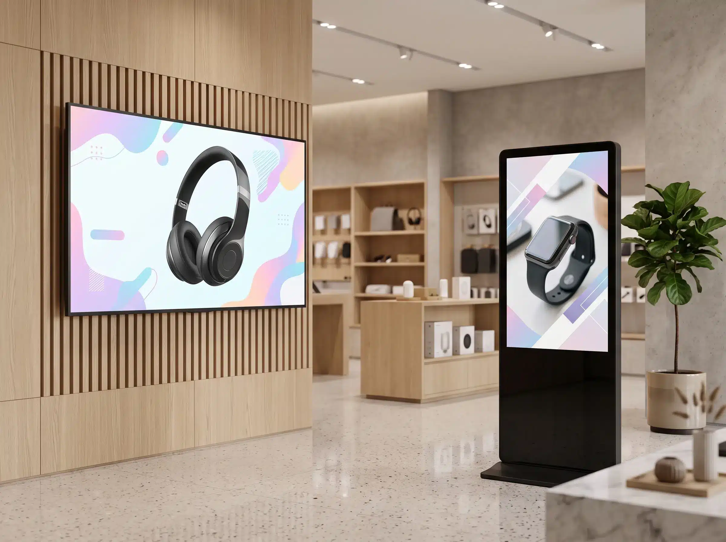 Arvia retail digital signage Malaysia featuring a wall-mounted display and digital signage standee with promotional poster content