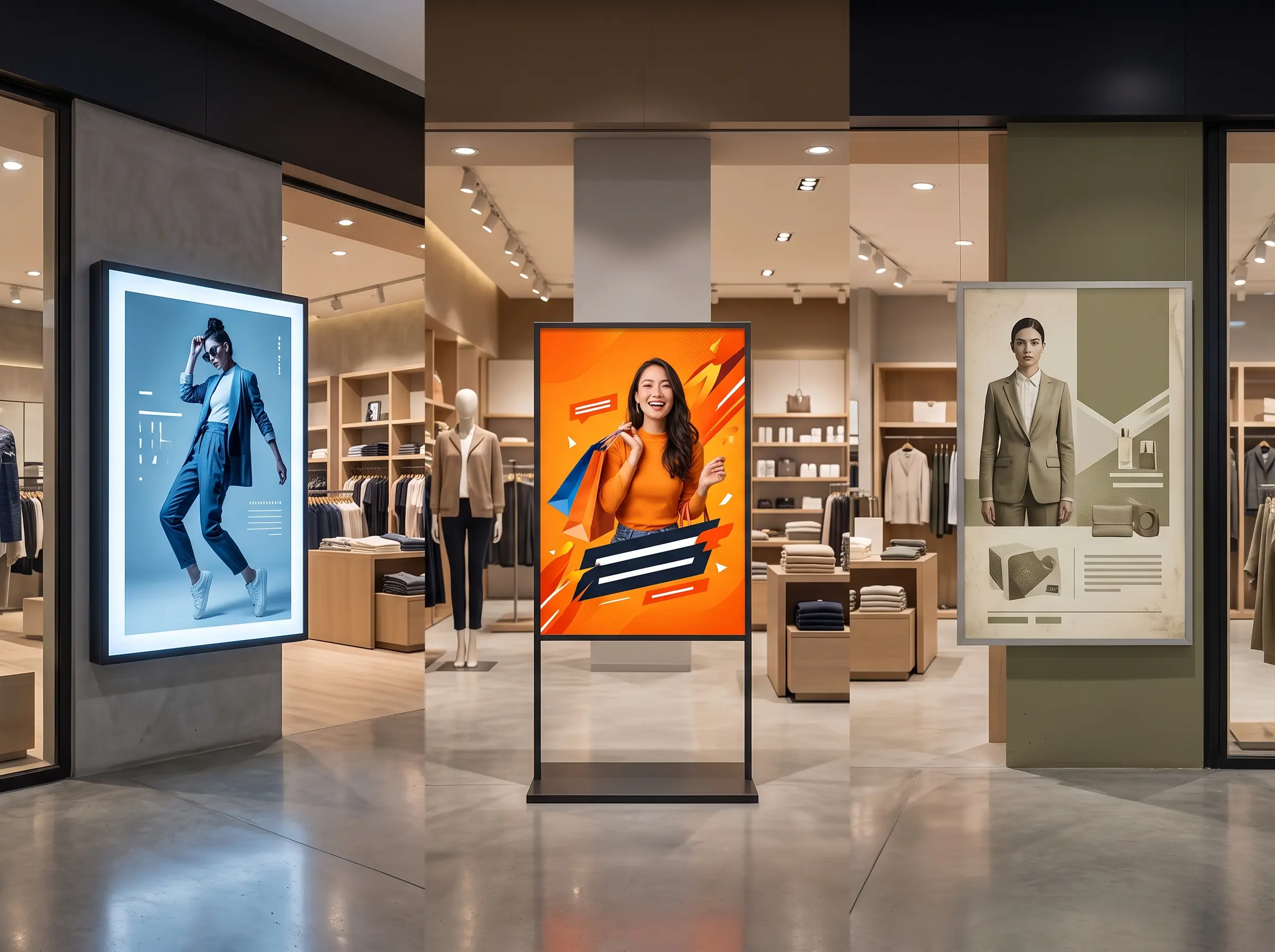 Different promotional posters displayed across multiple Malaysian retail store branches showing inconsistent campaign branding