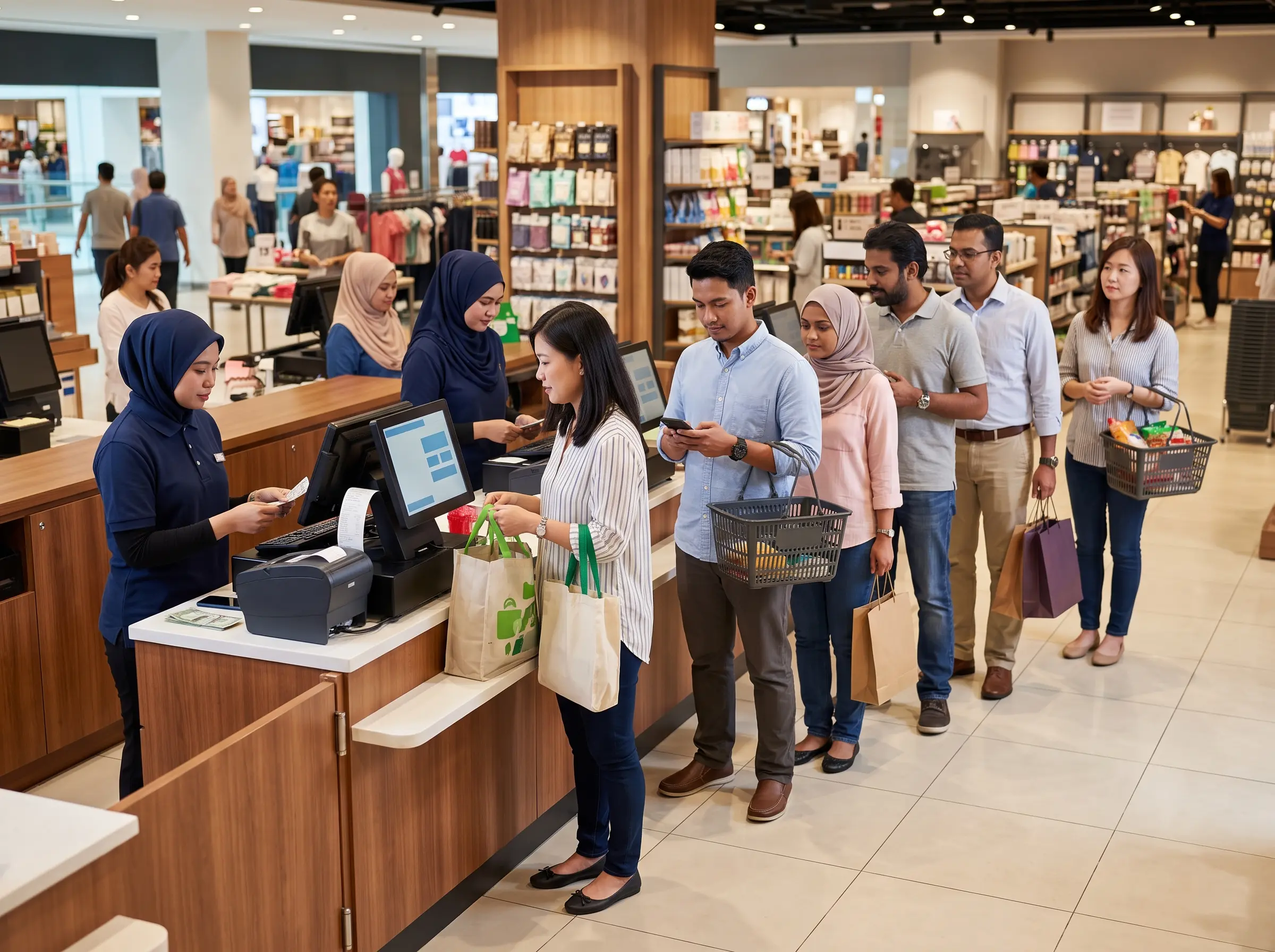 Long customer queue forming at checkout counters inside a busy Malaysian retail store