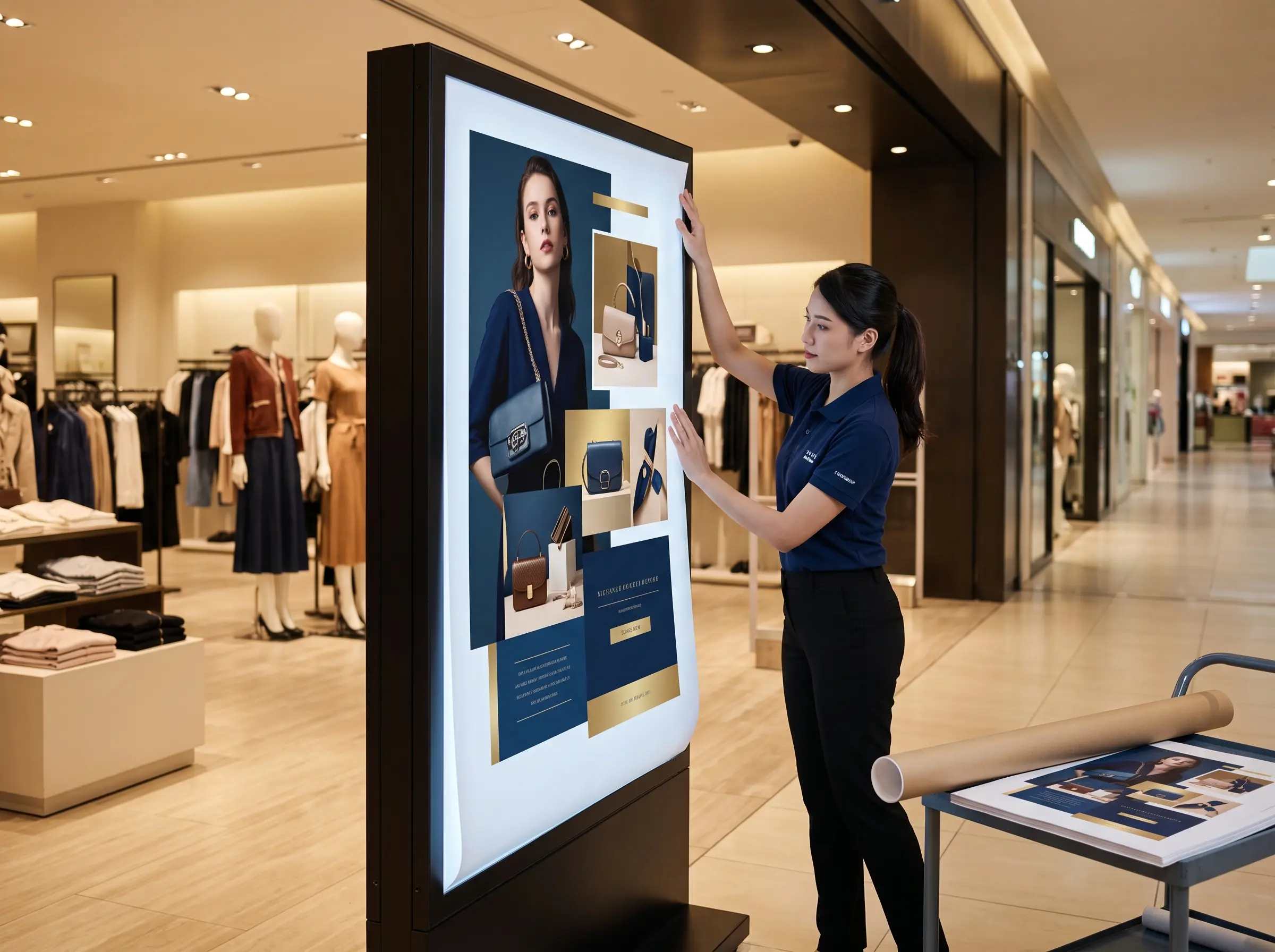 Retail staff manually replacing a large promotional poster display inside a modern Malaysian retail store