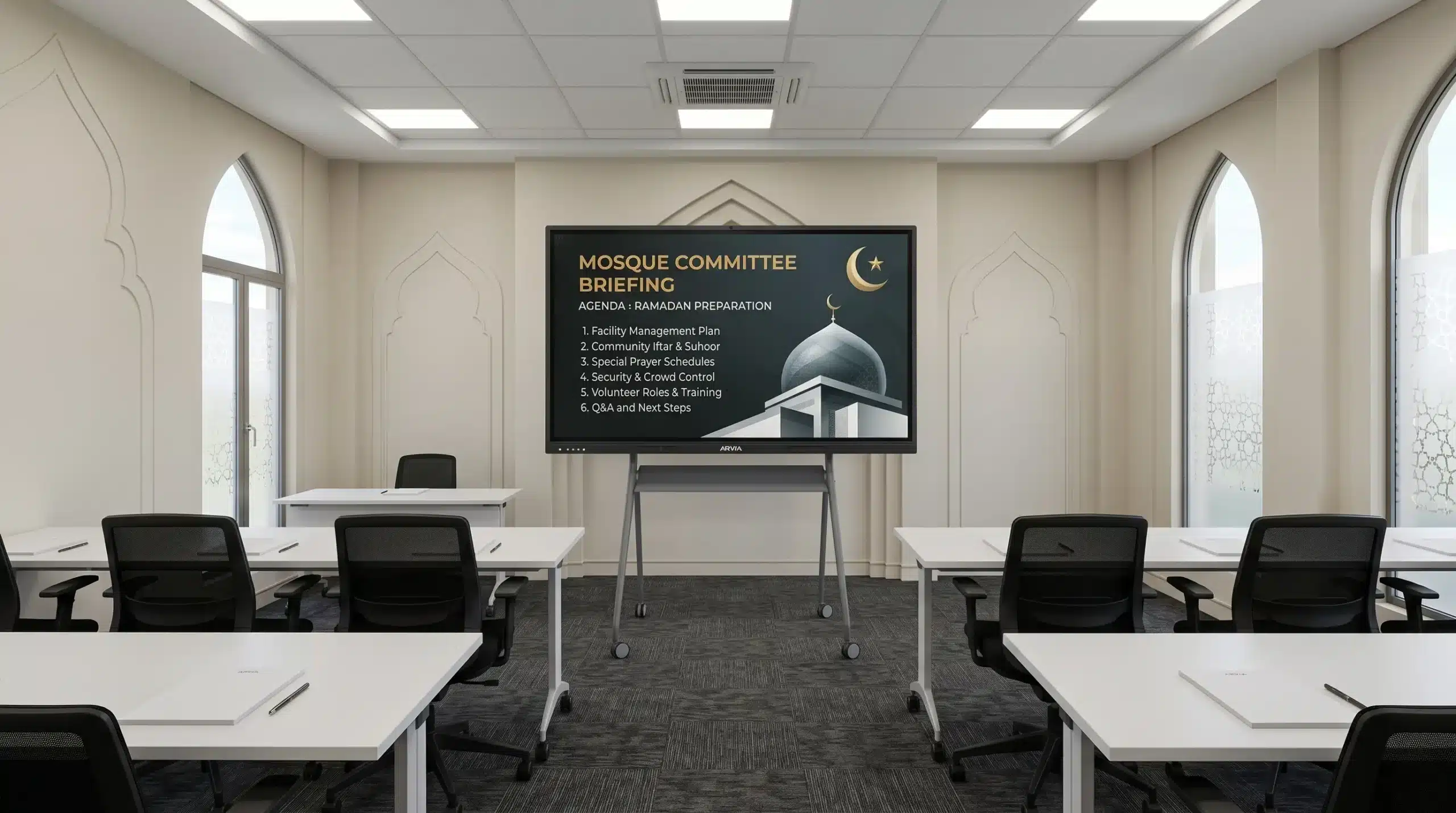 ARVIA Smartboard on a mobile stand inside a modern masjid training room in Malaysia