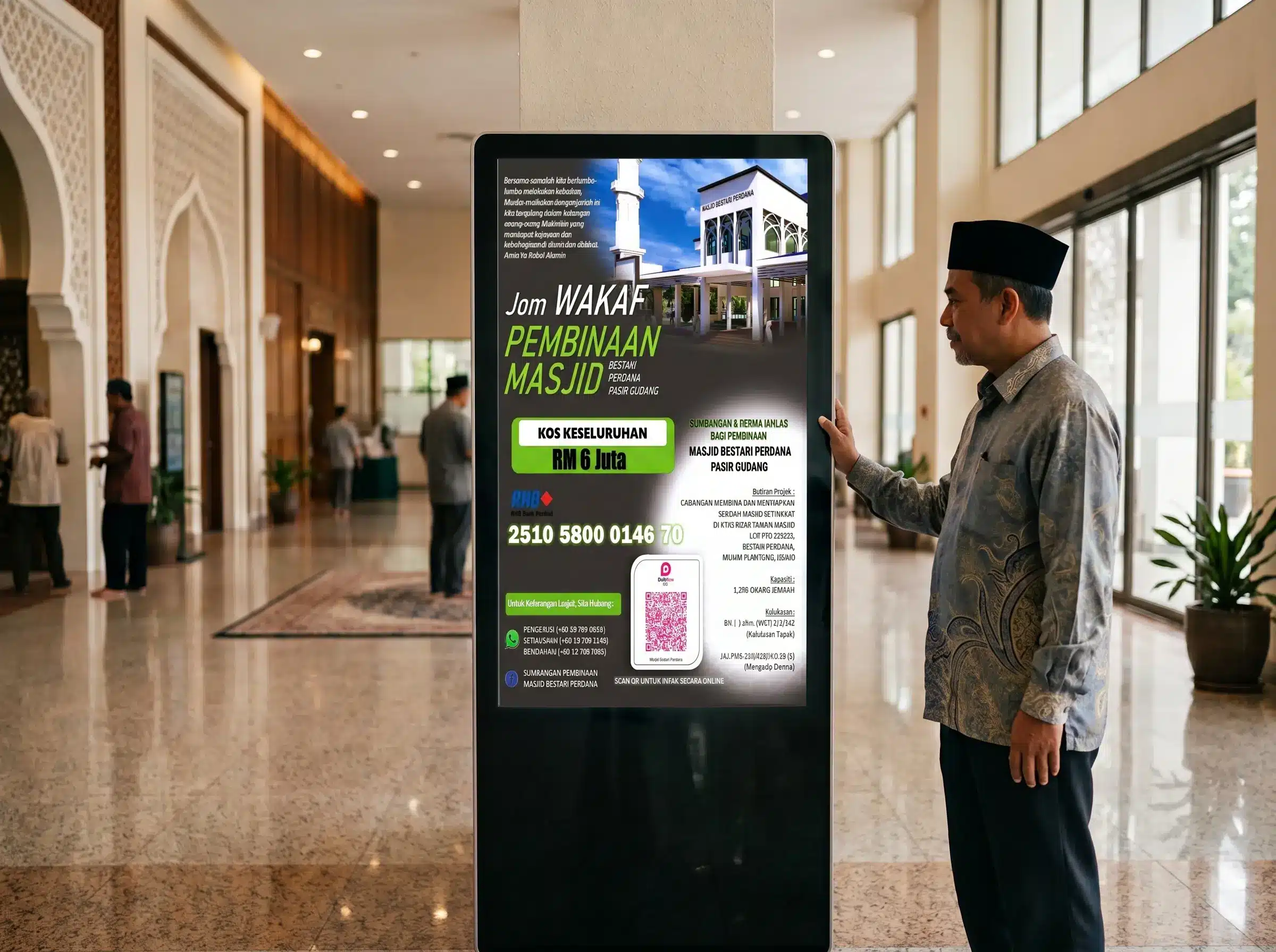 Digital signage memaparkan kempen tabung masjid digital dan kod QR rasmi