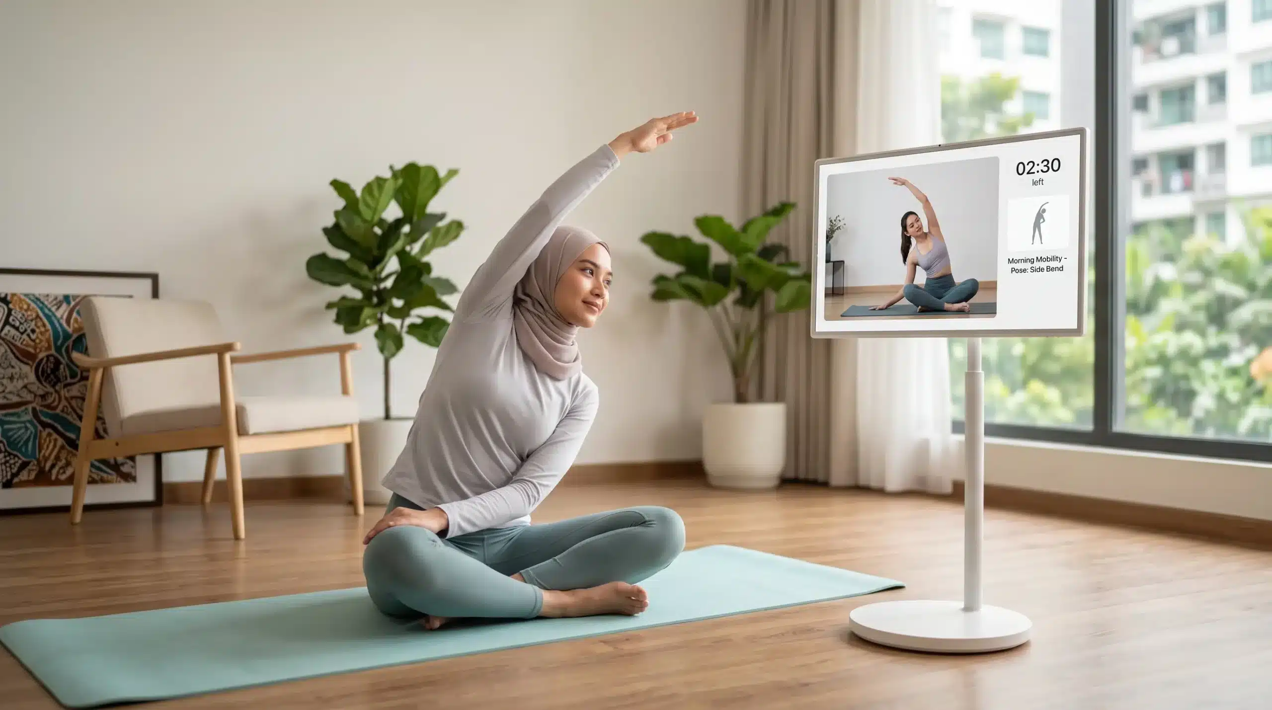 Arvia FlipTouch 32 used for guided home fitness workouts