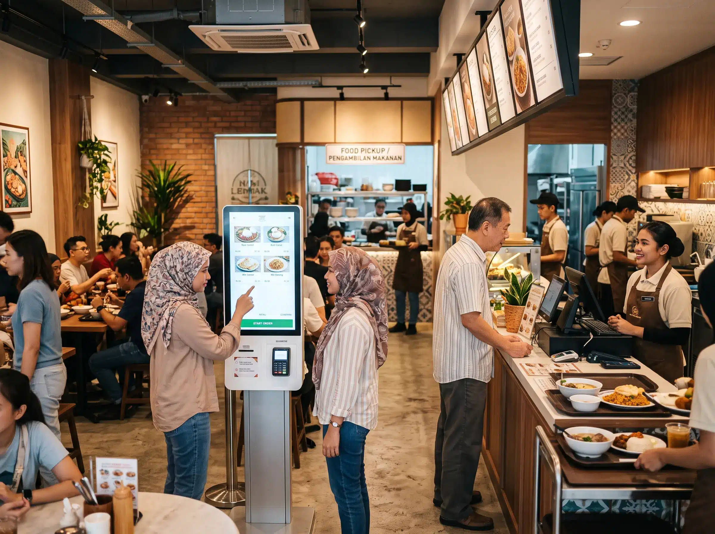 Interactive kiosk restaurant positioned beside a traditional ordering counter in Malaysia