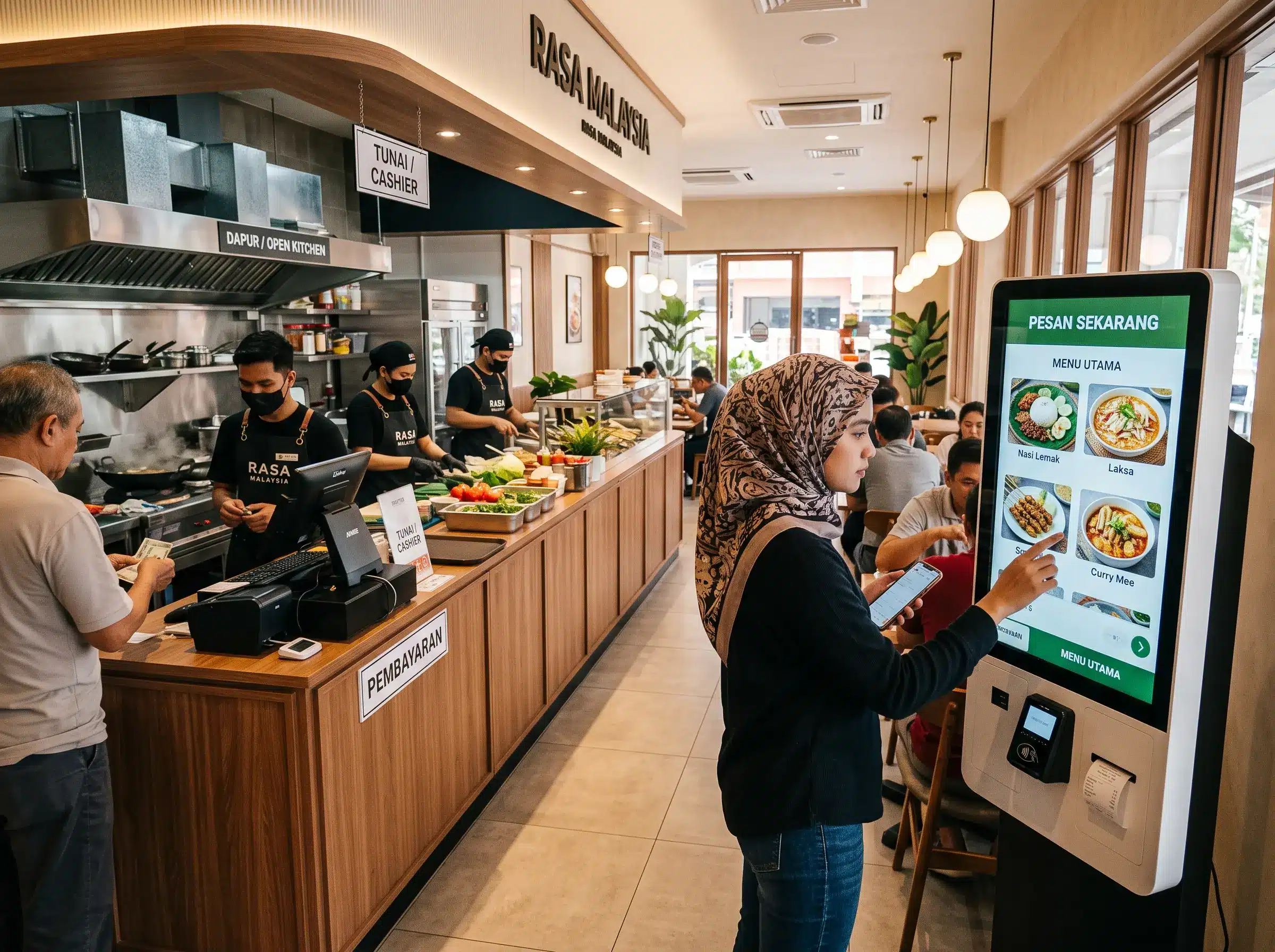 Interactive kiosk restaurant self-order system in a modern Malaysian food outlet