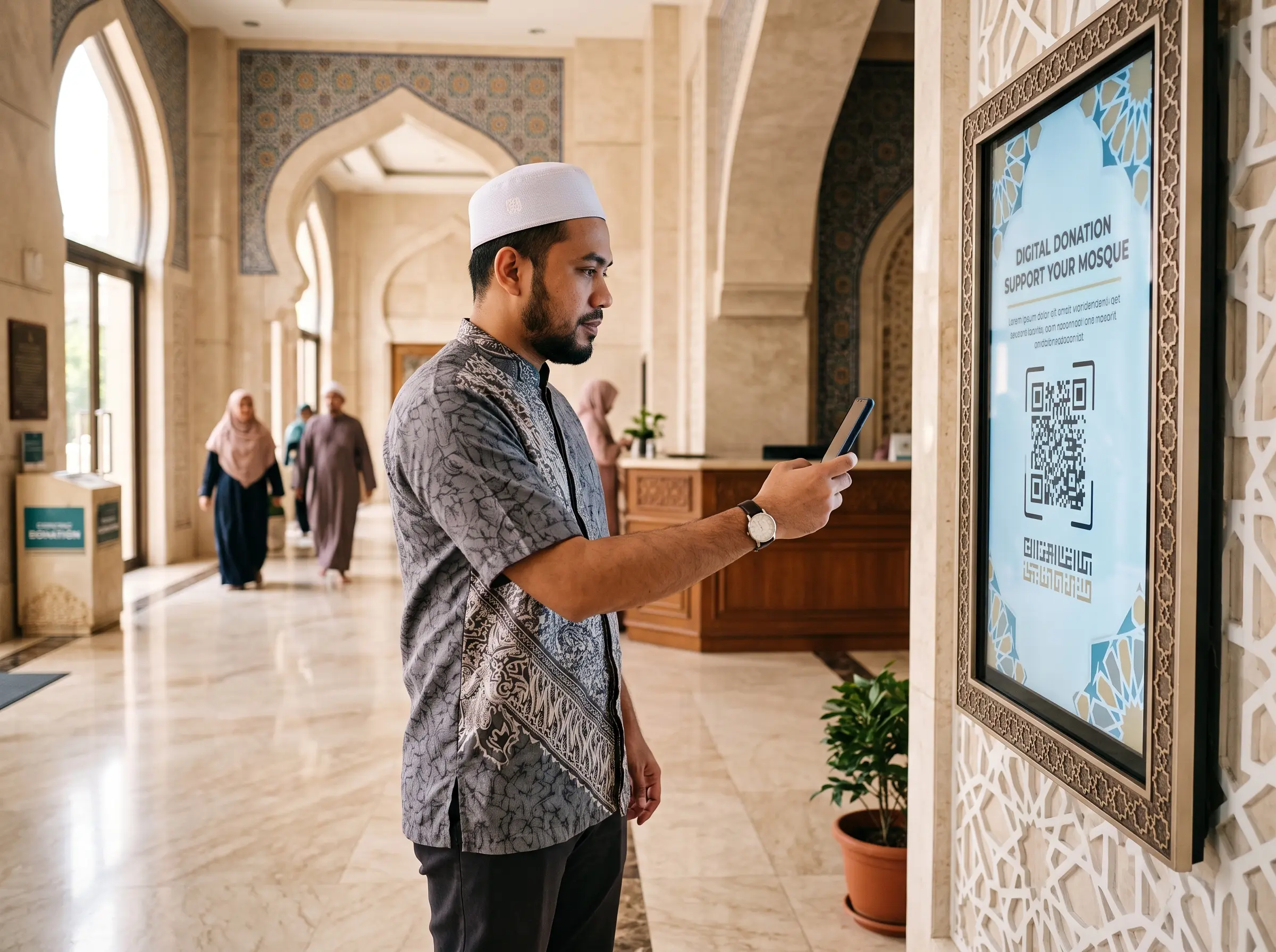 Jemaah menggunakan kod QR rasmi untuk tabung masjid digital