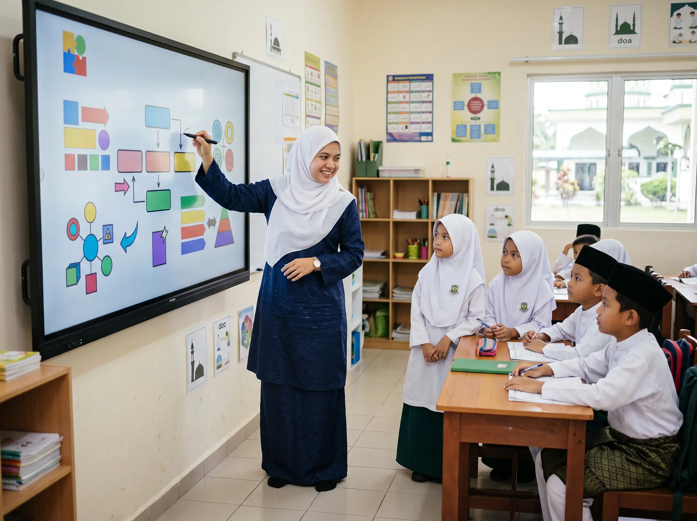 Ustazah mengajar kelas KAFA menggunakan smartboard di Malaysia
