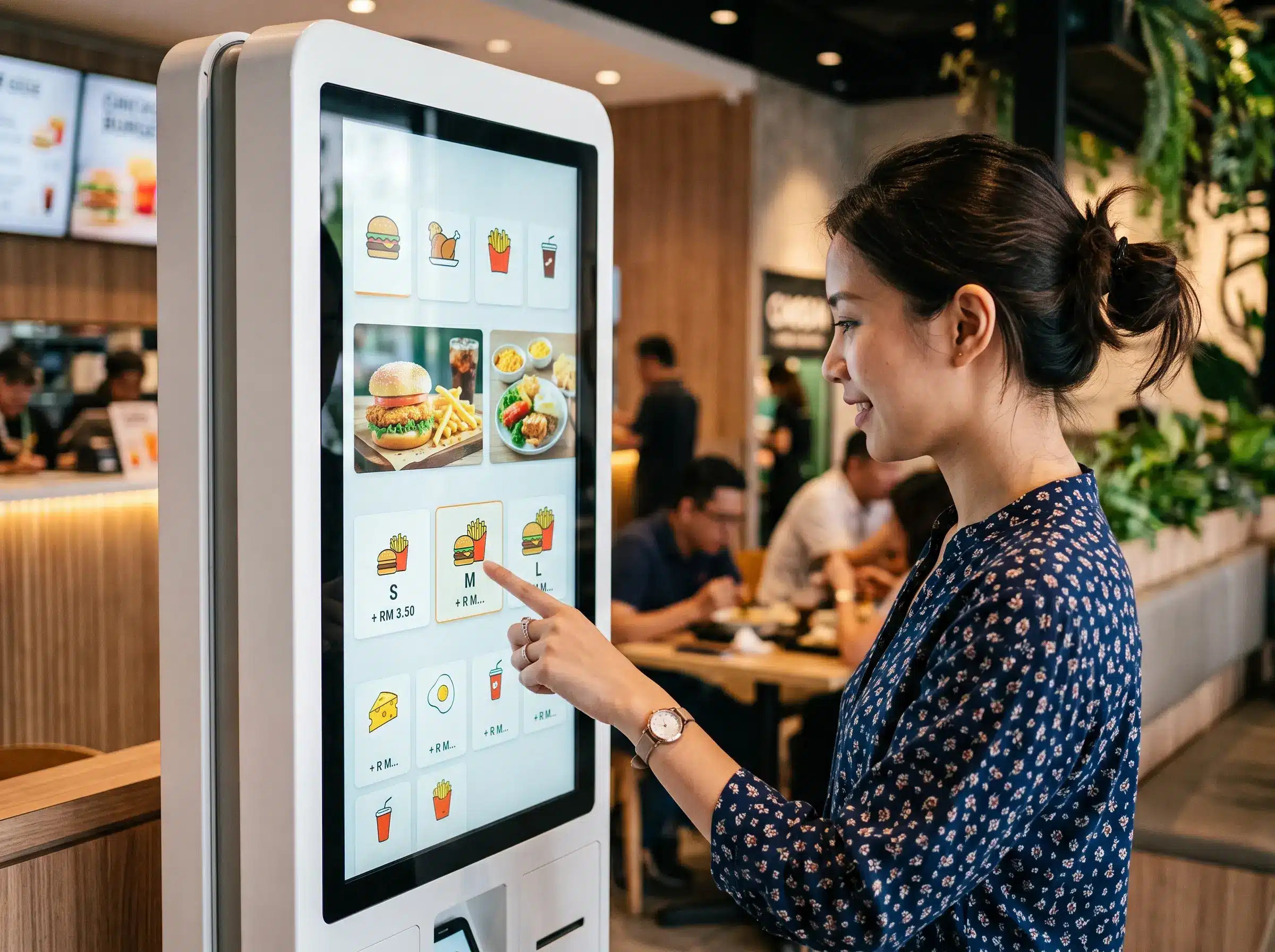Customer browsing a digital menu on an interactive kiosk restaurant system
