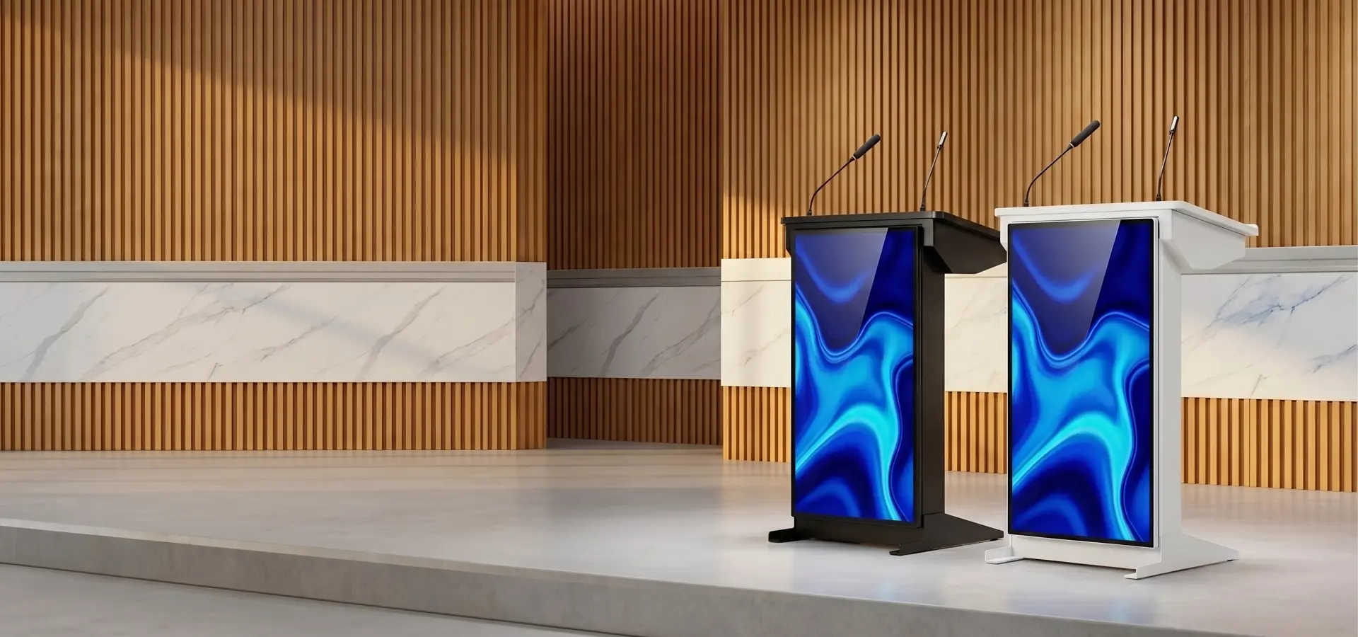 Arvia Smart Podium ARV-SP43 available in black and white color variations for professional presentation spaces