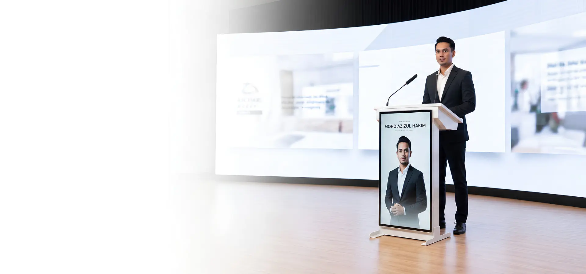 Arvia Smart Podium ARV-SP43 with gooseneck microphone, integrated speakers and LED work light for professional presentations