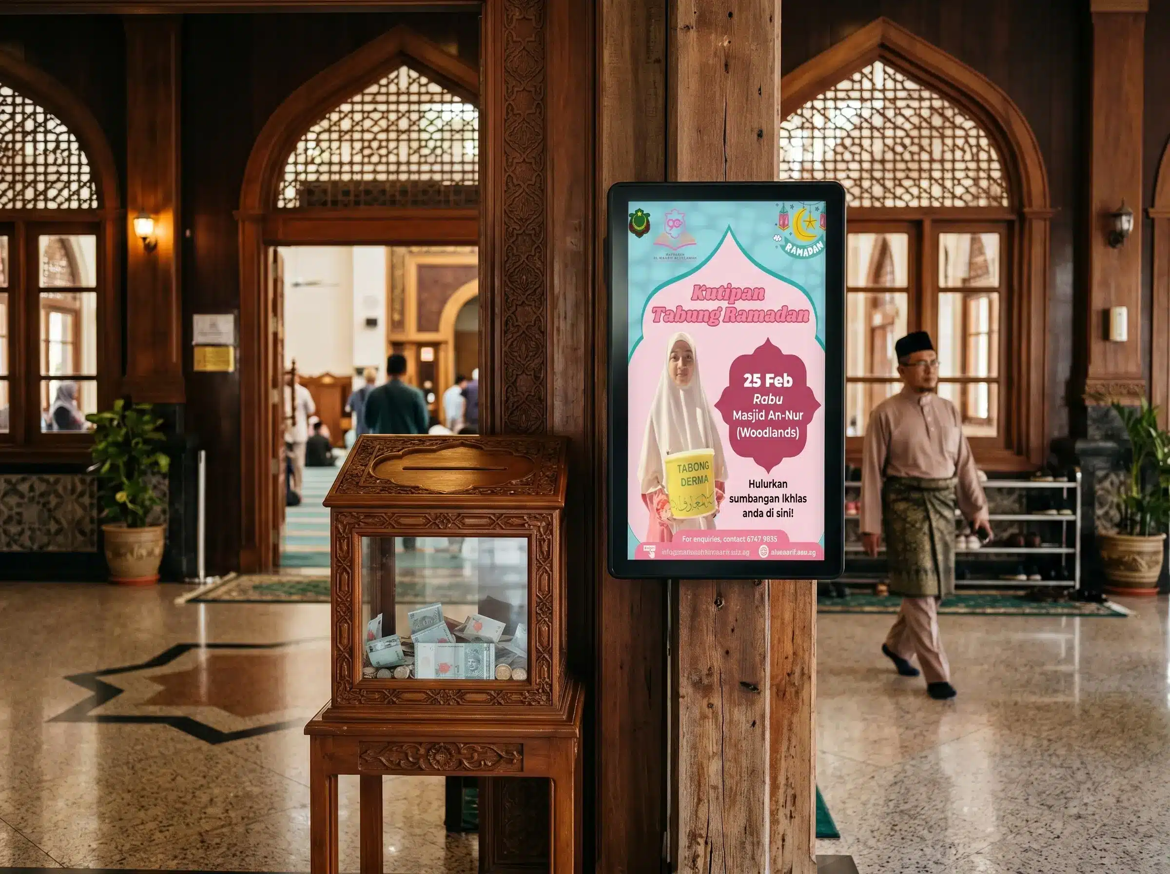Tabung masjid digital dipaparkan melalui digital signage di masjid Malaysia