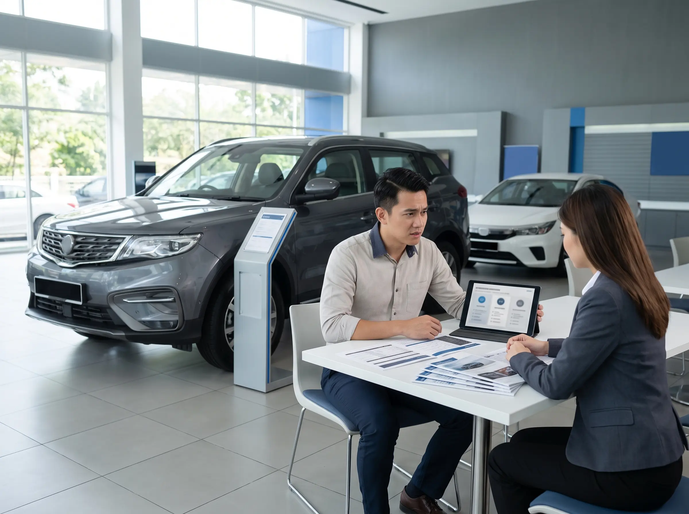 Customer reviewing complex vehicle specifications in an automotive showroom