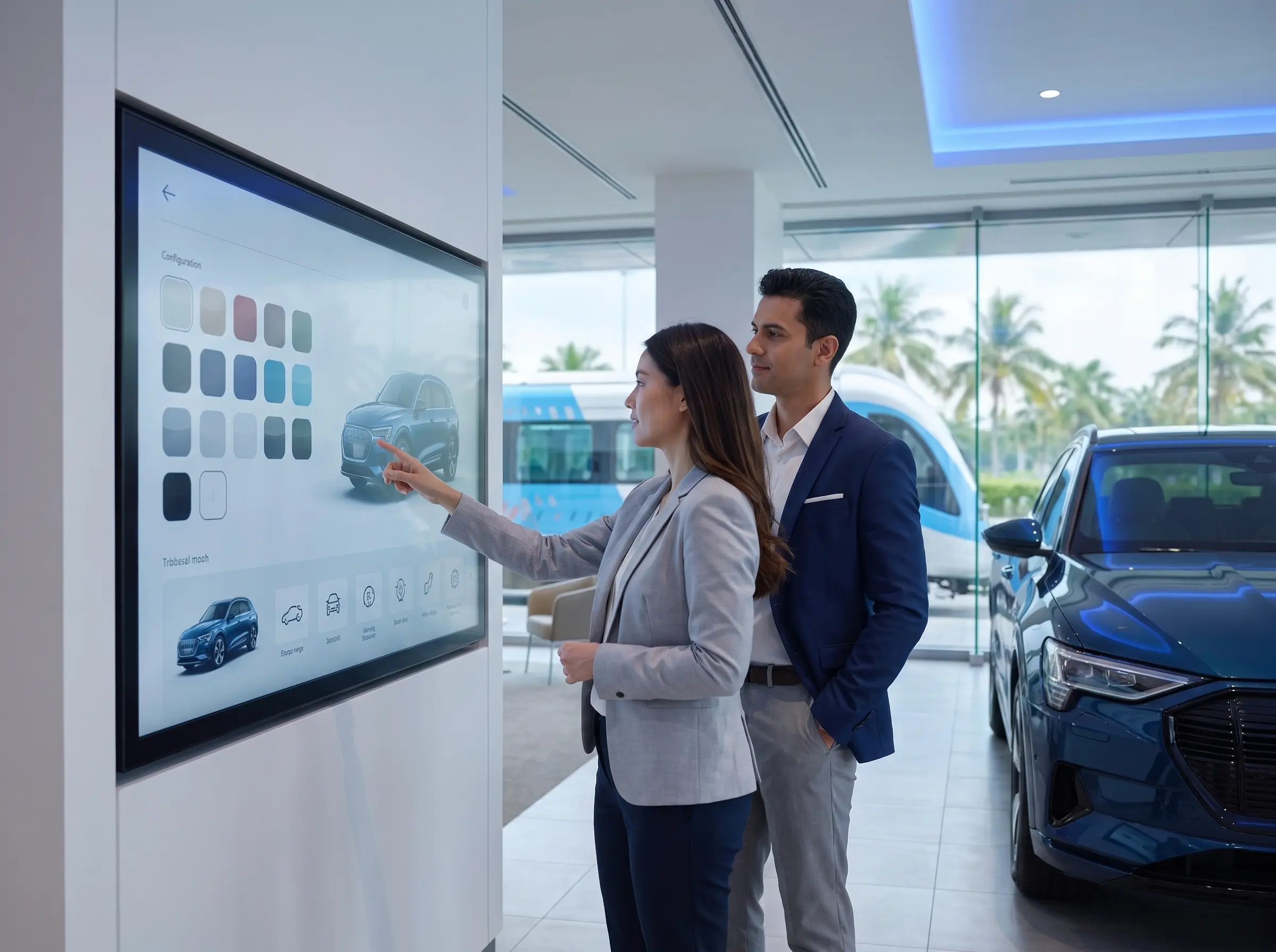 Customer using Arvia interactive touchscreen to explore vehicle information