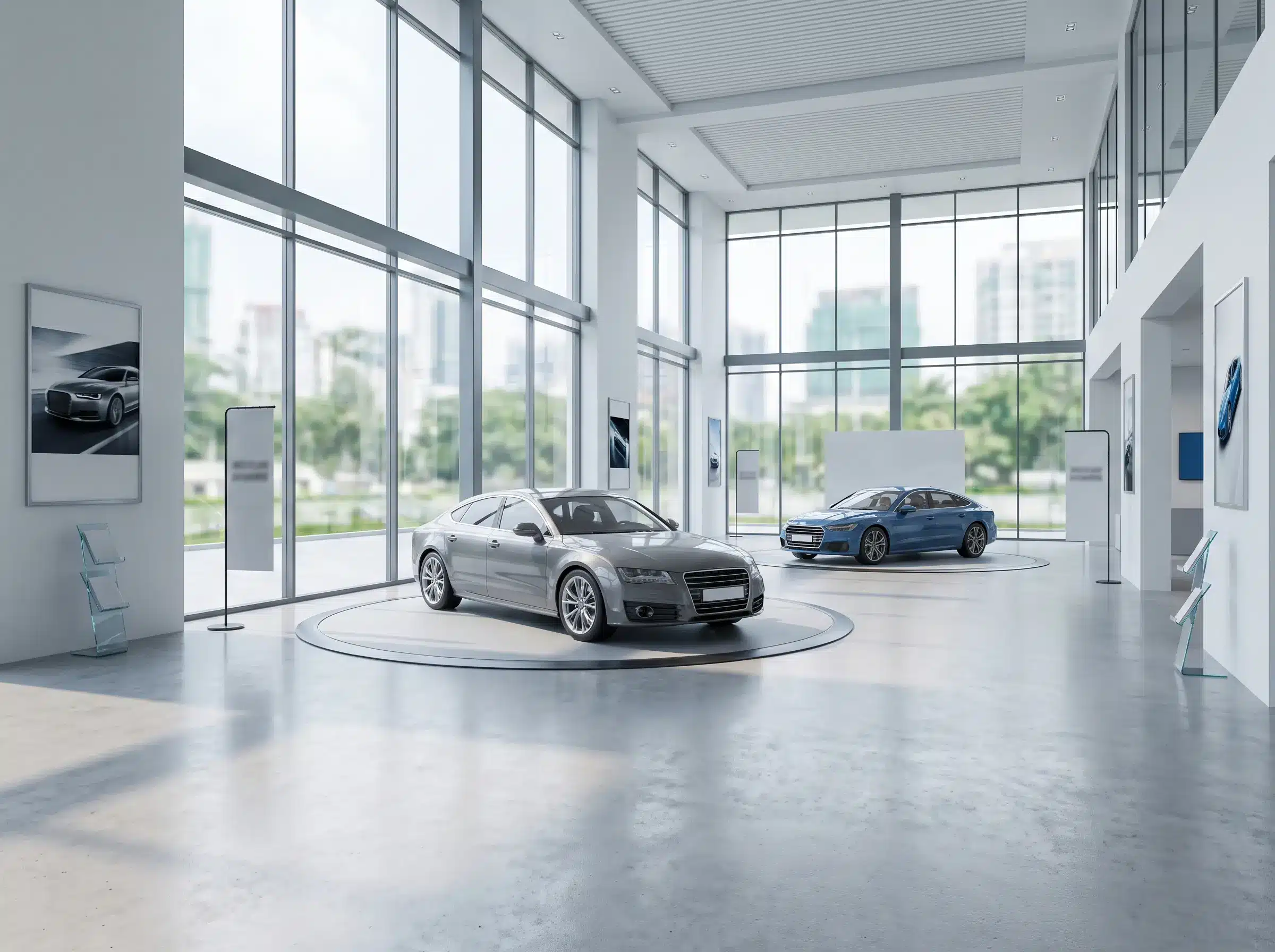 Automotive showroom promotional materials competing for customer attention