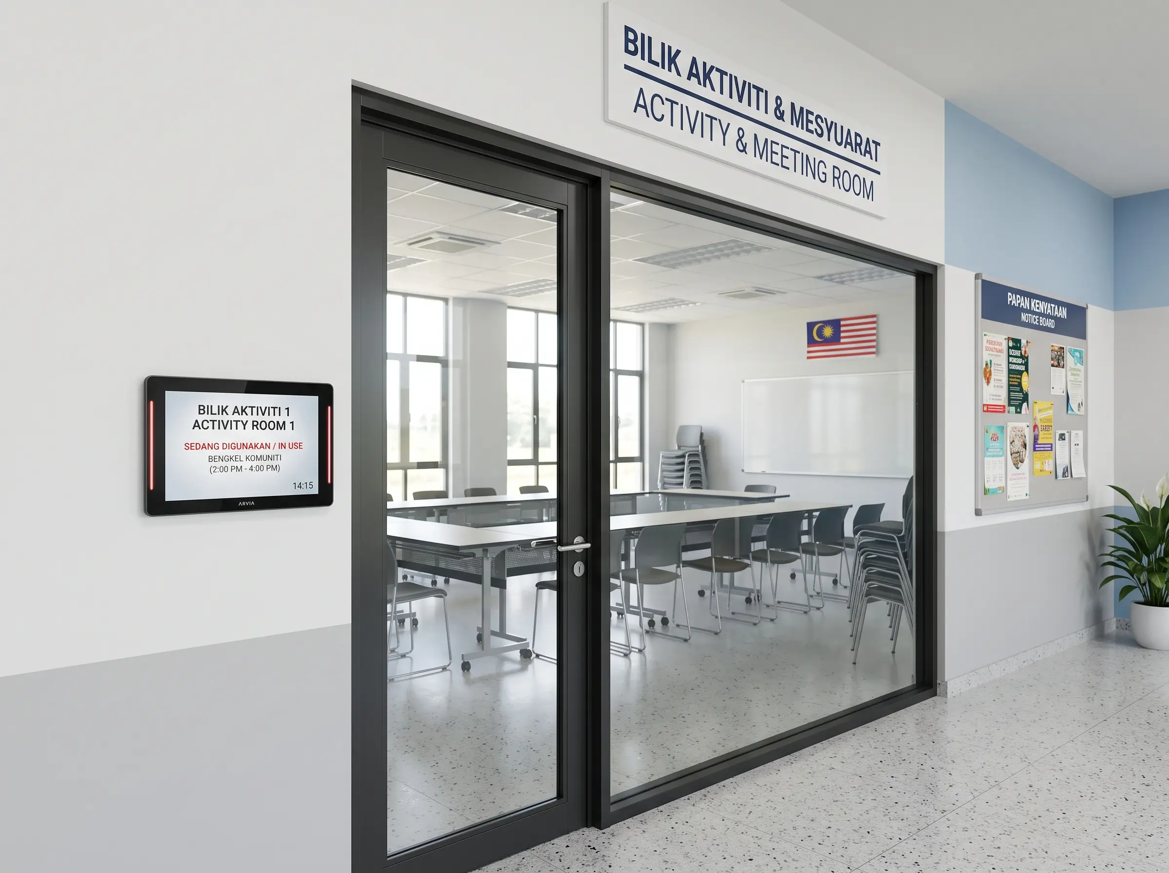 Arvia touchscreen room booking panel for meeting rooms and multipurpose spaces at a Malaysian community center