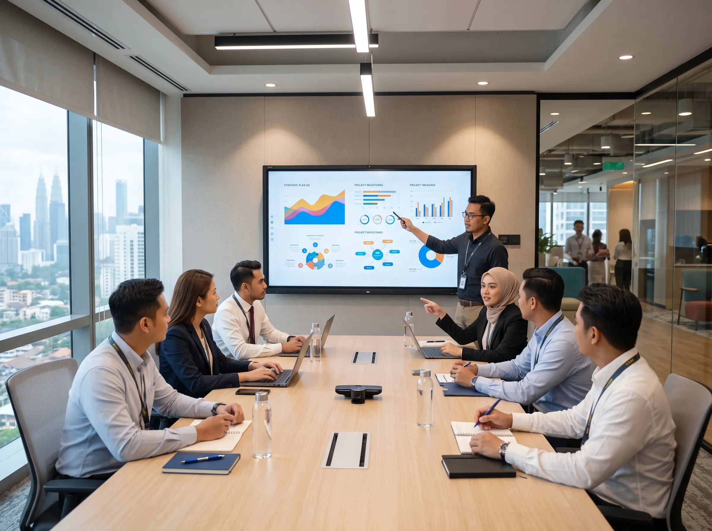 Modern corporate training room dengan interactive smartboard di Malaysia