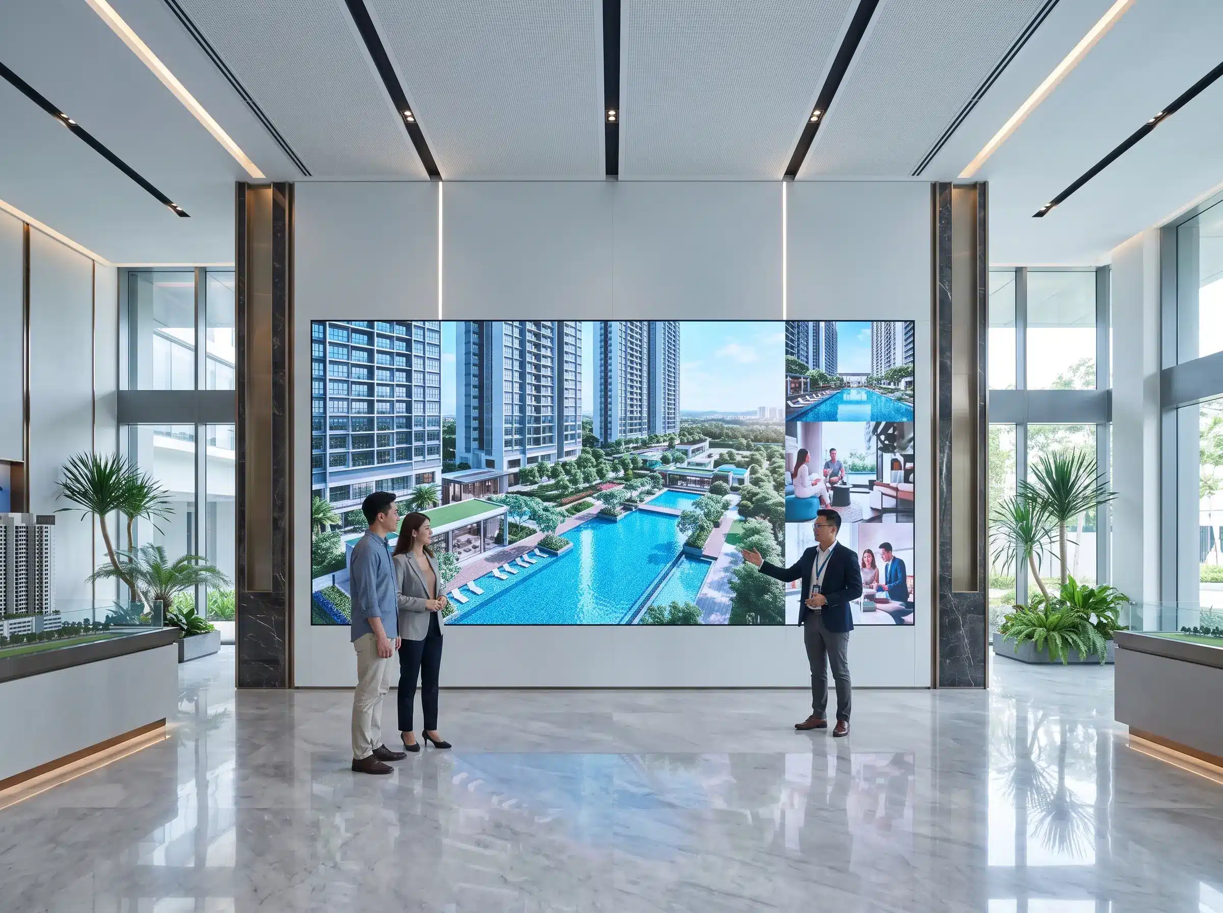 Large LED display inside a modern property sales gallery in Malaysia
