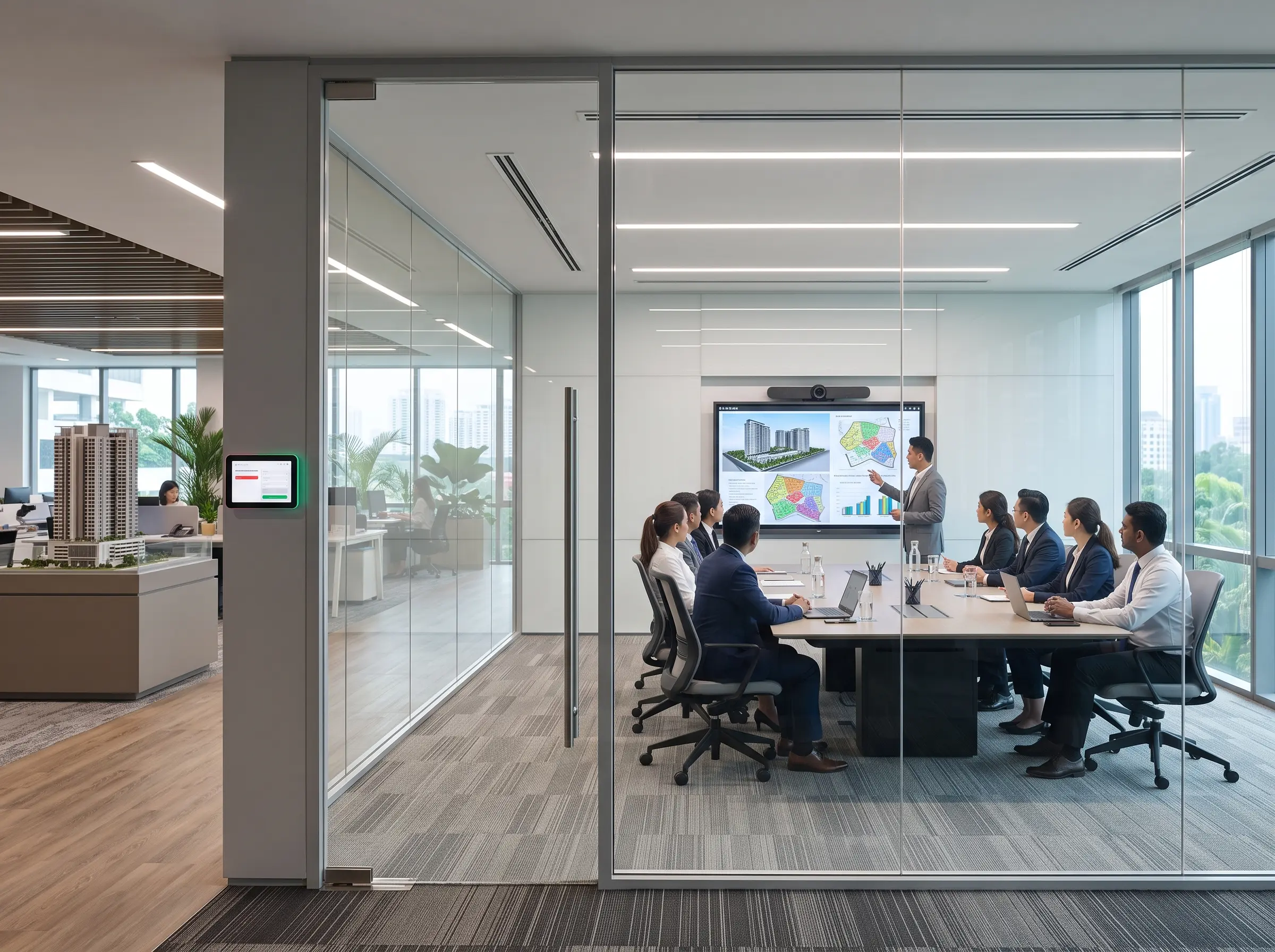 Modern property office and meeting space with interactive display technology