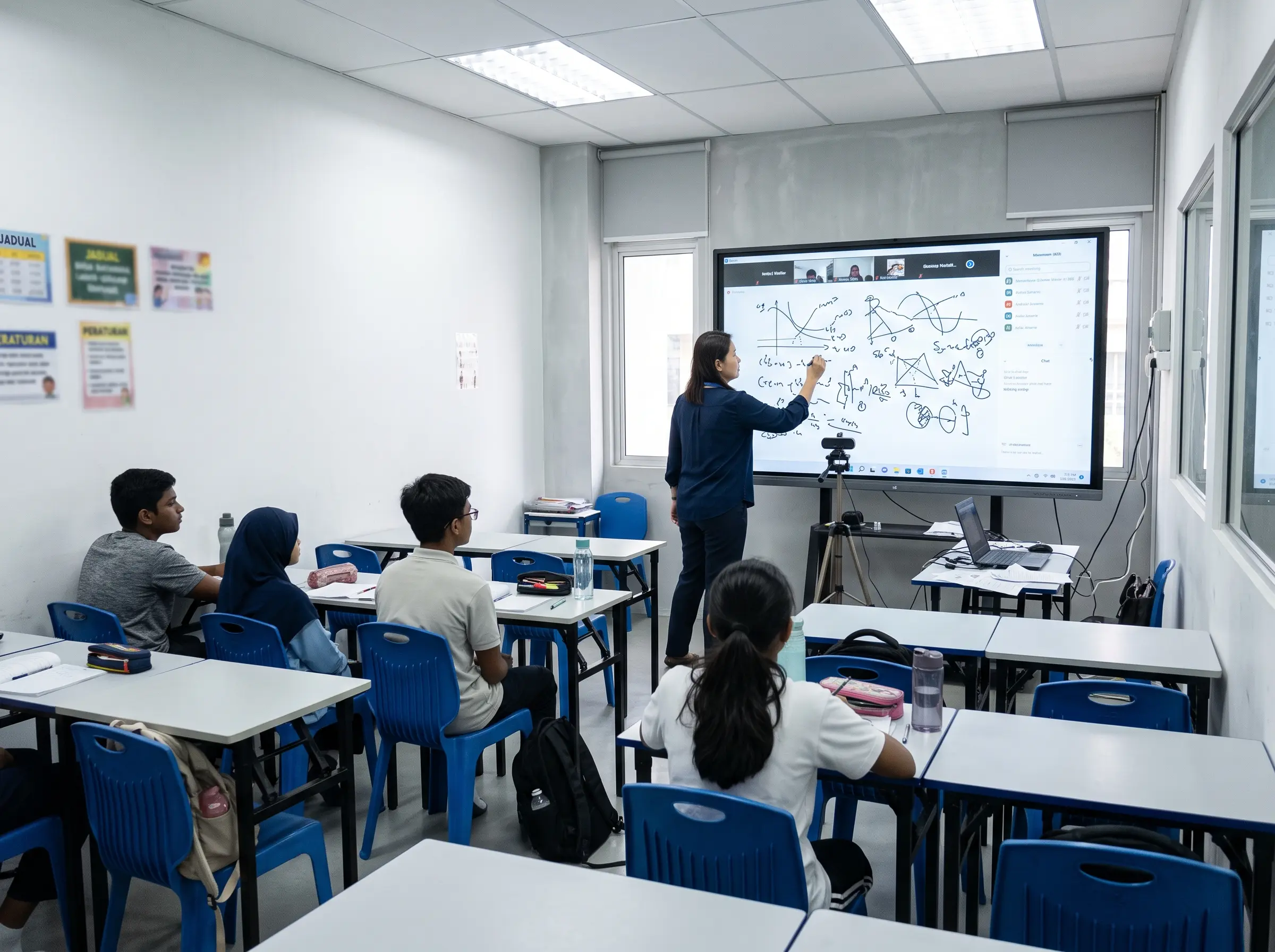 Tutor using interactive smartboard for online and physical tuition class