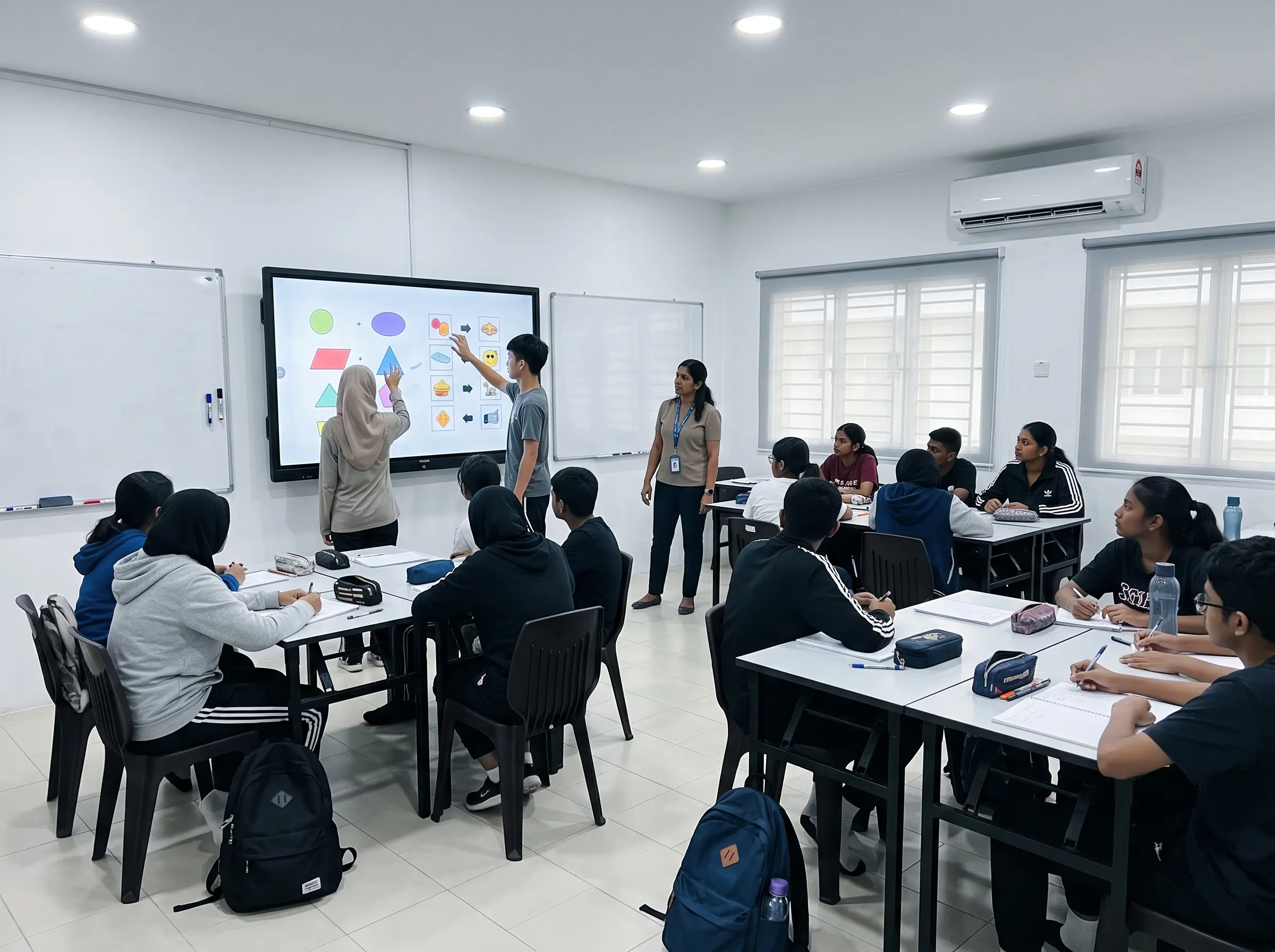Students collaborating with smartboard in a Malaysian tuition centre