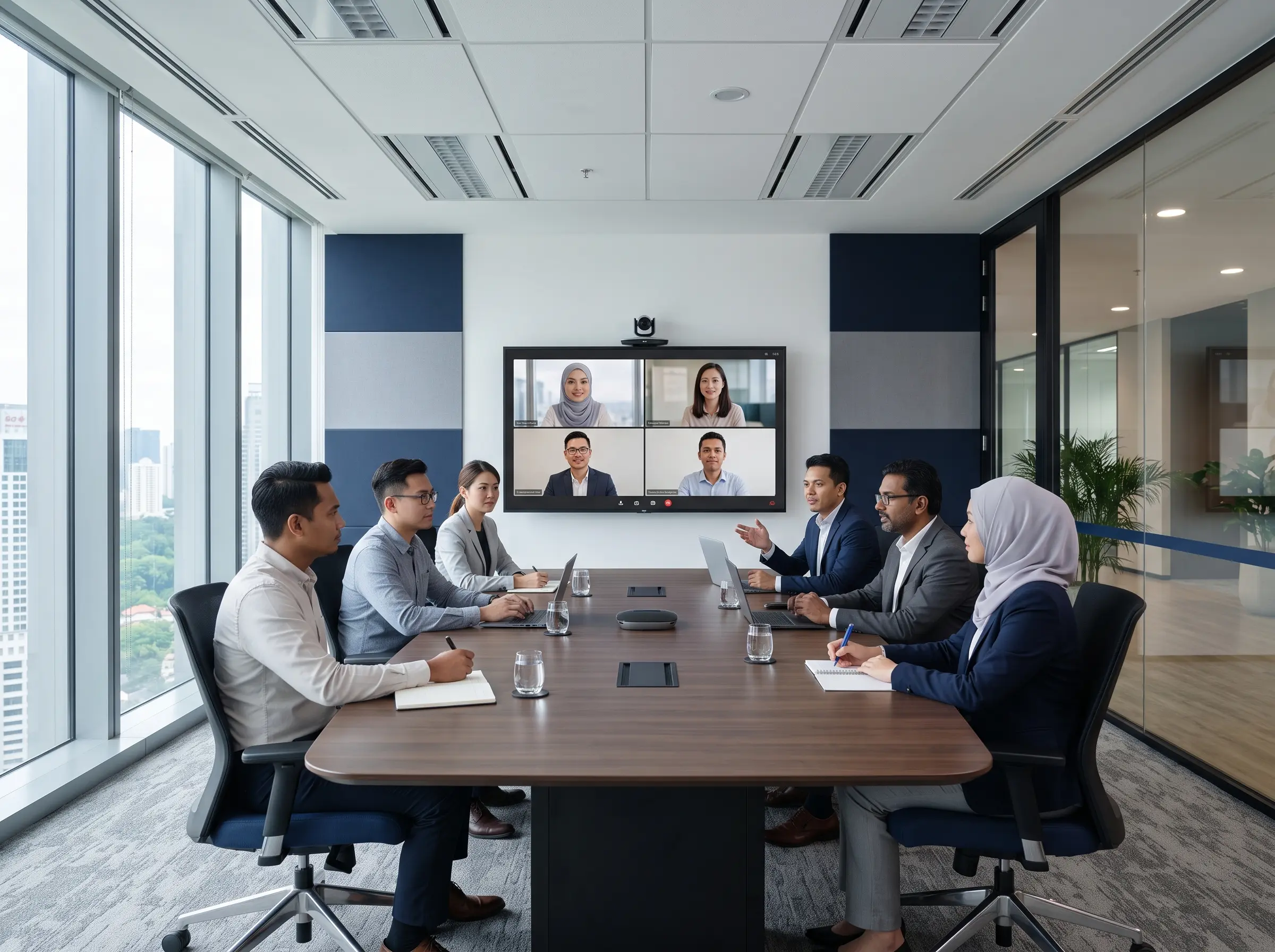 Video conferencing application in a modern Malaysian corporate meeting room with hybrid meeting participants
