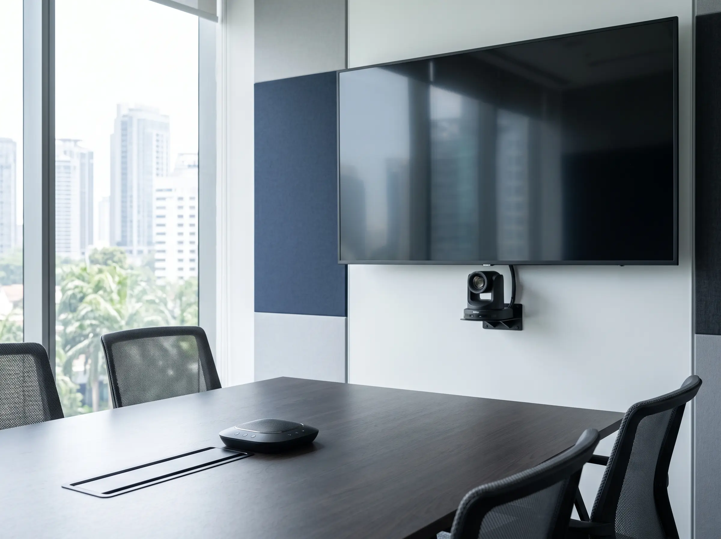 Professional video conferencing equipment featuring a conference camera, microphone system and display