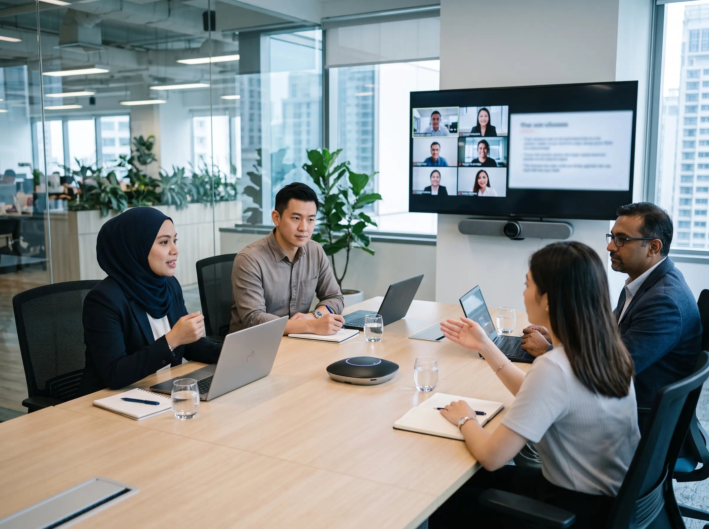 Business professionals collaborating through a hybrid video conference in a modern meeting room